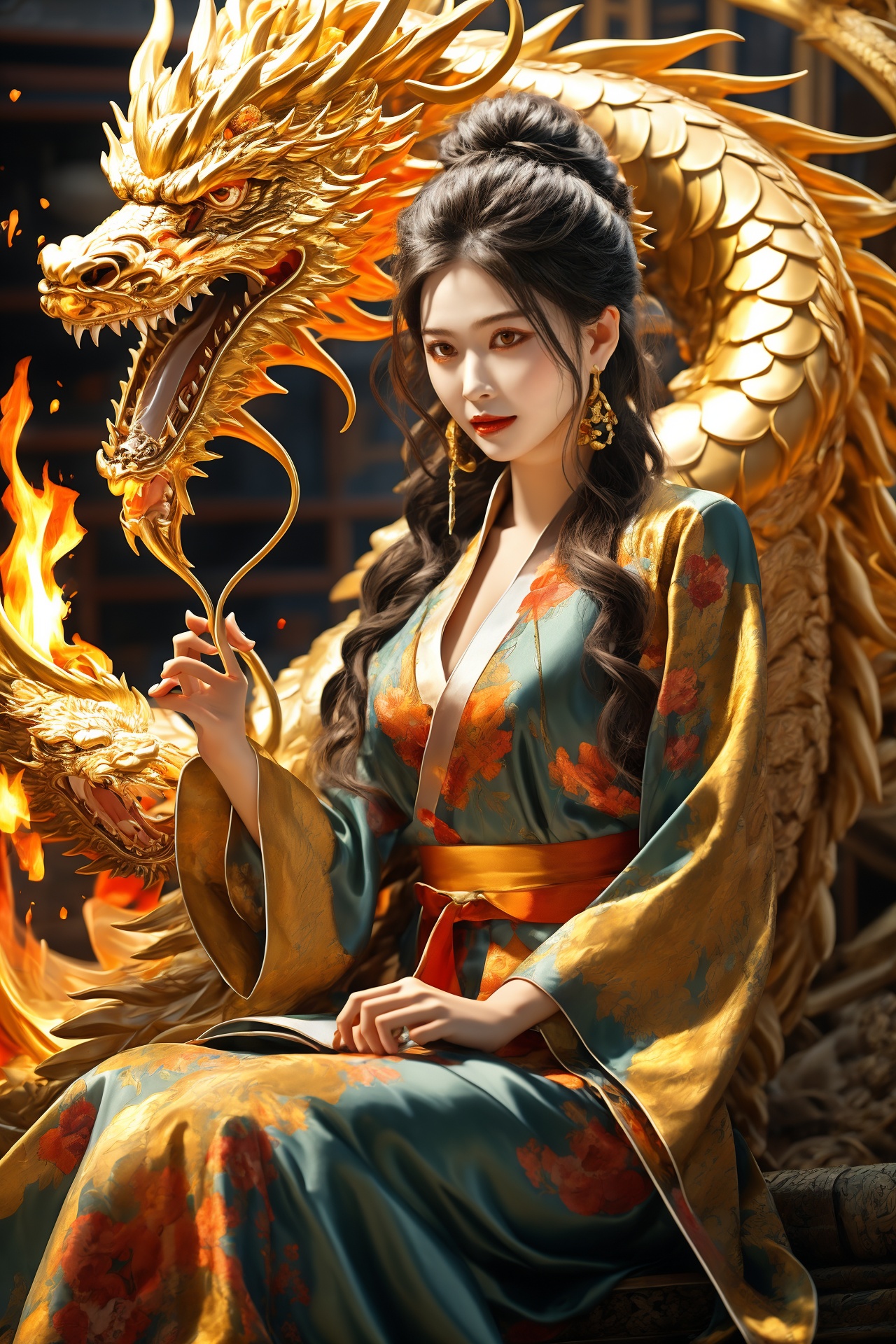 1 girl, gold dragon, earrings, eastern dragon, fire, flame, floral print, jewelry, metal rock, phoenix, tea