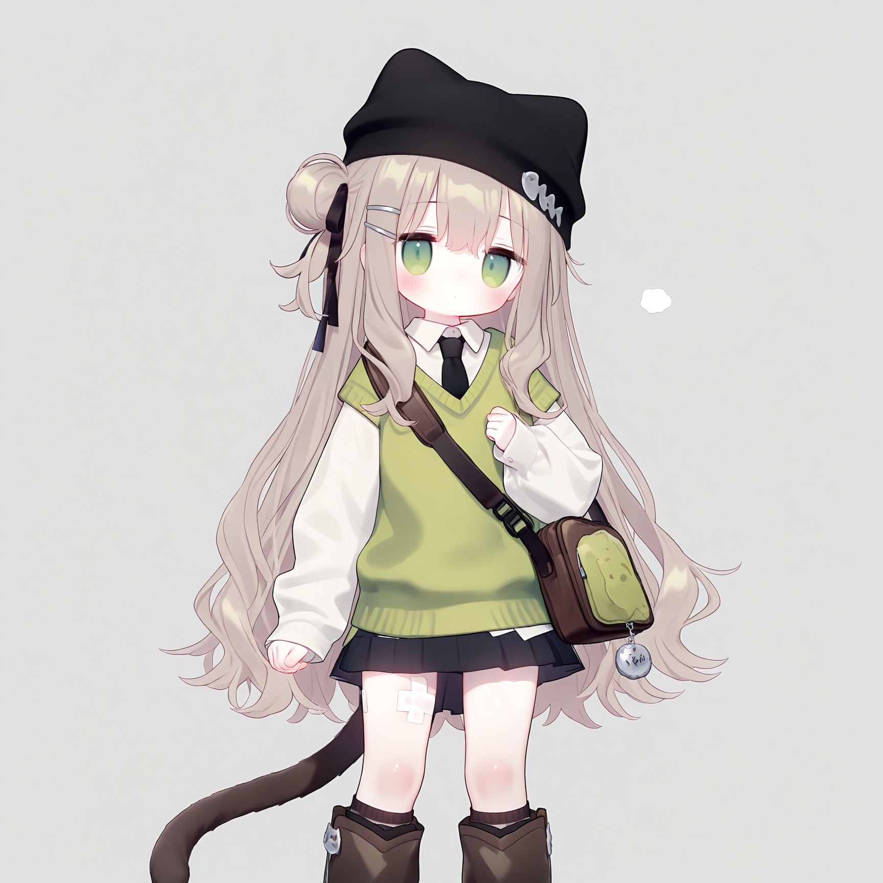 masterpiece,very aware,highres,absurdres,newest,best quality,high quality,loli,petite,chromatic_aberration,//,(loli),1girl,solo,shirt,skirt,collared shirt,black necktie,black headwear,long hair,green eyes,very long hair,necktie,long sleeves,hair ornament,white shirt,hairclip,sweater vest,black skirt,sleeves past wrists,pleated skirt,hair bun,hair ribbon,closed mouth,looking at viewer,black ribbon,socks,animal hat,ribbon,hair between eyes,hat,single side bun,tail,blush,simple background,brown hair,puffy sleeves,feet out of frame,shoulder bag,white background,puffy long sleeves,kneehighs,standing,animal ears,bag,boots,one side up,beanie,black footwear,cat hat,cat tail,brown socks,charm \(object\),bag charm,single hair bun,bandaid,short sleeves,black socks,light brown hair,brown footwear,bandaid on leg,cat girl,transparent background,knee boots,loose socks,black bow,cat ears,//,year_2023,year_2024,<lora:loli Style——【noob】hans:1>,
