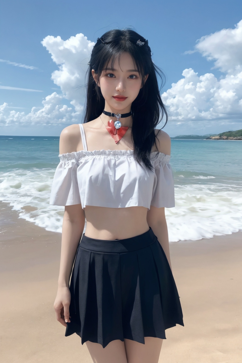1girl,beach, black choker, black skirt, blue hair, blue sky, bra strap, bracelet, breasts, choker, cloud, cloudy sky, cowboy shot, crop top, cross, day, hair ribbon, jewelry, lips, long hair, looking at viewer, midriff, navel, necklace, ocean, off-shoulder shirt, off shoulder, outdoors, pleated skirt, ribbon, shirt, skirt, sky, smile, solo, standing, twintails,full body<lora:美女:0.66>