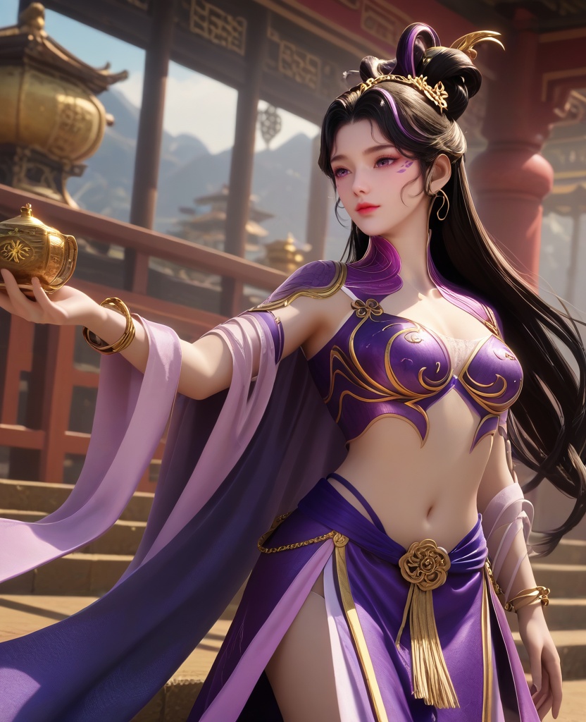 (oriental architecture, elegant decor, sophisticated style:1.1),(Cape Flutter, Standing with the wind catching the superhero cape, creating a dramatic effect,:1.1),(breasts:1.2),<lora:XL16牧神记付磬允:0.95>,miss fuqingyun,purple belly dance bra,purple tiered high-low skirt with train,purple eyes,facial mark,black hair,streaked hair,looped bun with tresses,very long hair,hair ornament,jewelry,hagoromo,bracelet,, score_9,score_8_up,score_7_up,score_6_up,score_5_up,score_4_up,3d rendering,tag1,tag2, Cinematic Lighting,backlighting,