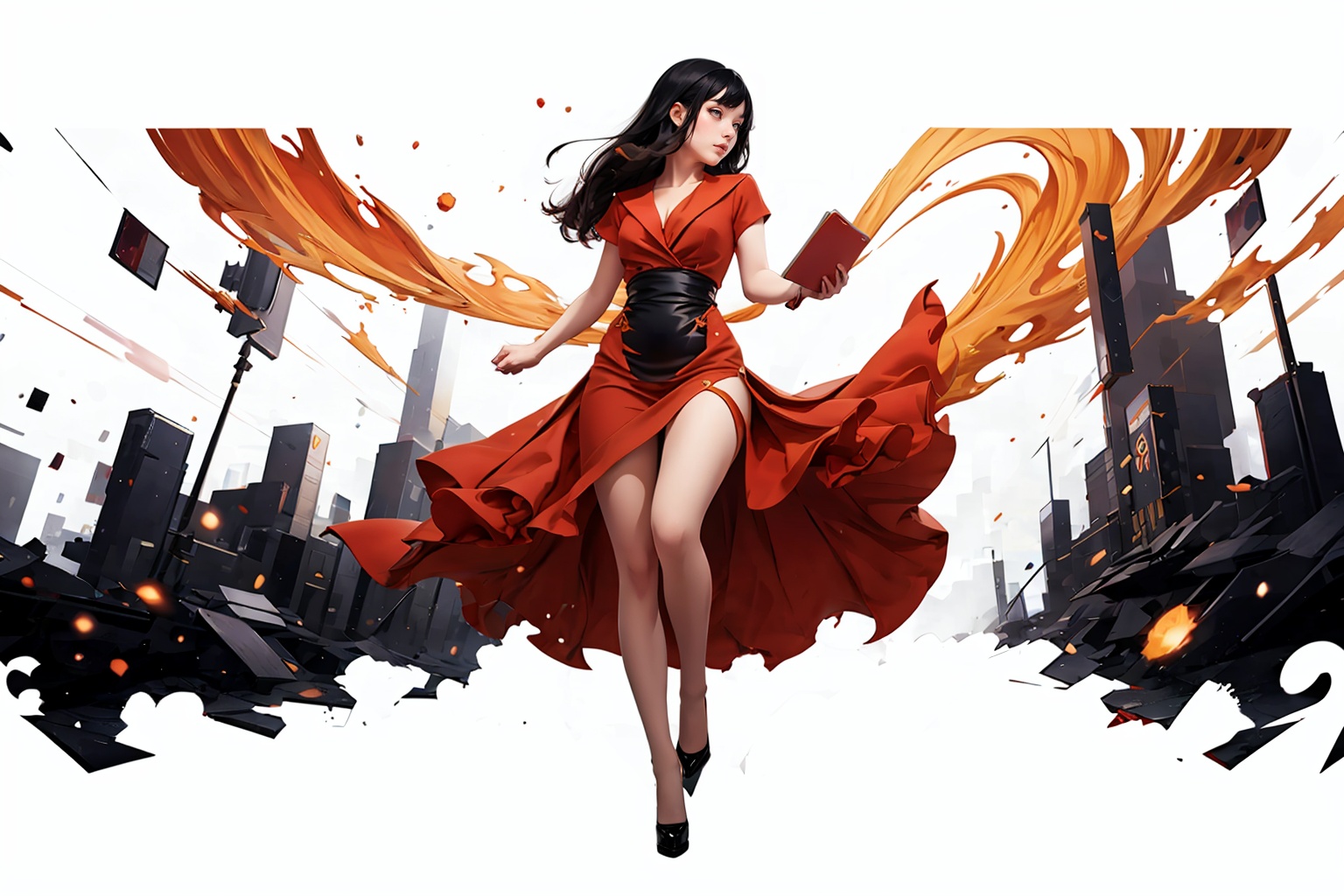 (masterpiece, best quality,top quality),<lora:GI_Card05:0.8>,gicard,[(white background:1.5)::5],(wide shot:0.95),from_below,(full body),Dynamic angle,solo,1 girl,black hair,(red_dress),orange theme,(background:1.1),depth_of_field,particle effects,<lora:FCP-v020:1>,
