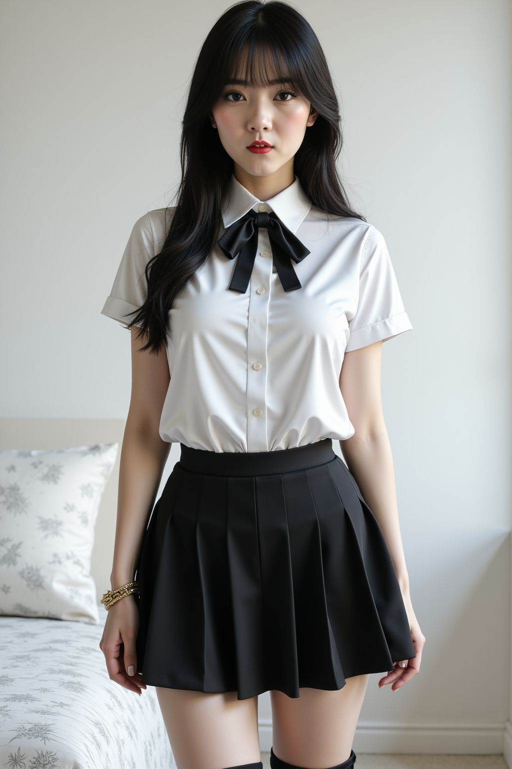 She appears to be in her early twenties. She wears a white, short-sleeved collared shirt with a black bow tie, a black pleated mini-skirt, and black over-the-knee socks. A gold bracelet is visible on her left wrist. She has long, straight black hair with bangs, fair skin, and red lipstick. Her facial expression is neutral. The background is a plain white wall and a portion of a bed with patterned linens on the left side. The lighting appears to be natural, creating soft shadows. The overall composition is clean and simple. The style is somewhat suggestive, with emphasis on the woman's figure and clothing.
