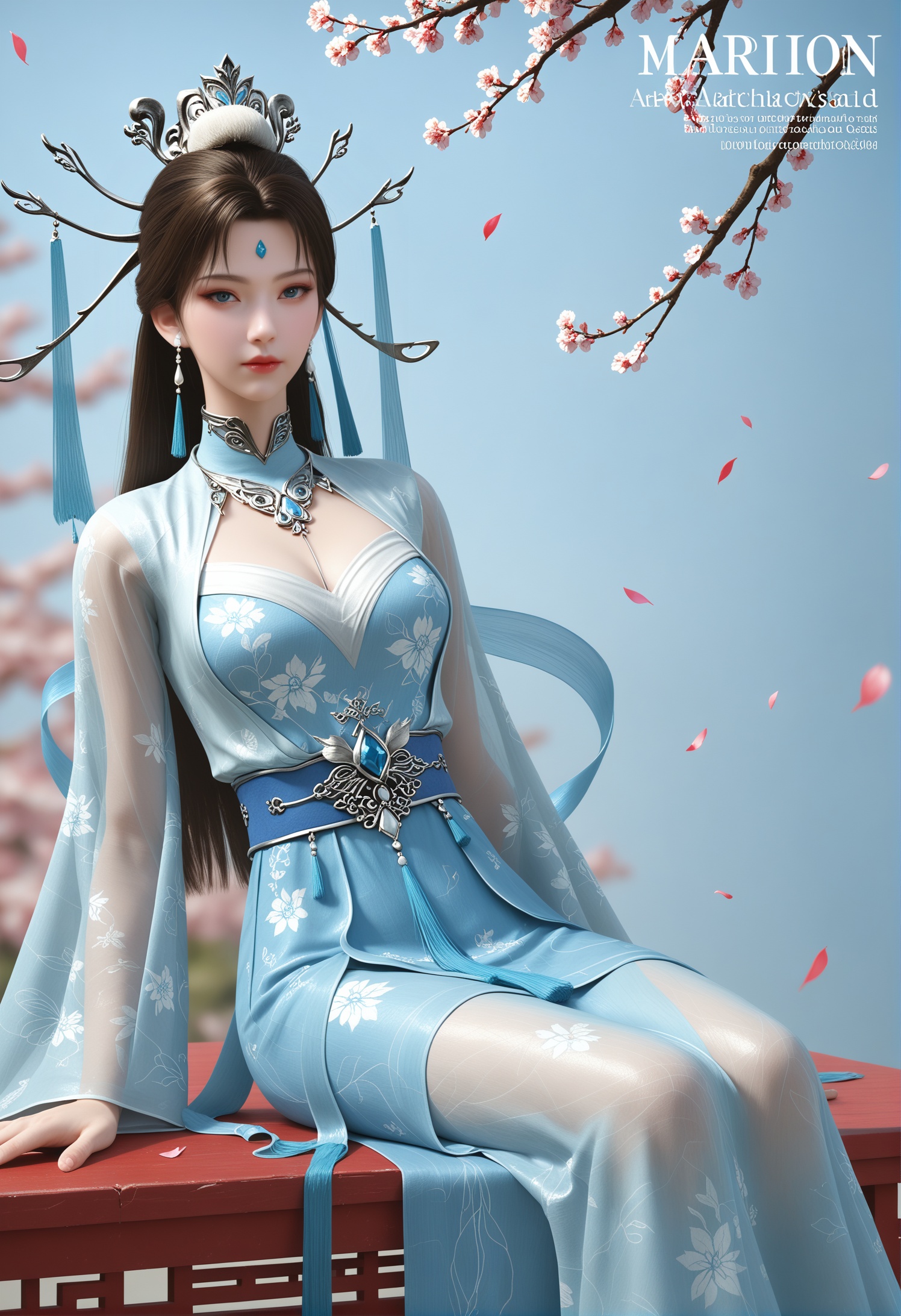 score_9,score_8_up,score_7_up,1girl,solo,(looking at viewer:1.1),(sitting:1.1),(full_shot:1.1),(magazine cover theme:1.05),(arms_behind_back:1.3),1girl,solo,realistic,dress,white dress,long dress,wide sleeves,shawl,ribbon,tassel,see-through sleeves,see-through,blue dress,long sleeves,floral print,clothing cutout,chinese clothes,belt,realistic,jewelry,tiara,hair stick,hair rings,hair ornament,gem,earrings,tassel earrings,necklace,1girl,solo,realistic,mature face,slender face,long hair,brown hair,hair bun,blue eyes,forehead jewel,forehead mark,facial mark,closed mouth,realistic,(advertising cover:0.8),grey_background,gradient_background,(white_background:0.9),falling petals,(depth of field:1.2),depth_of_field,<lora:小巳-楚月pony:0.85>,