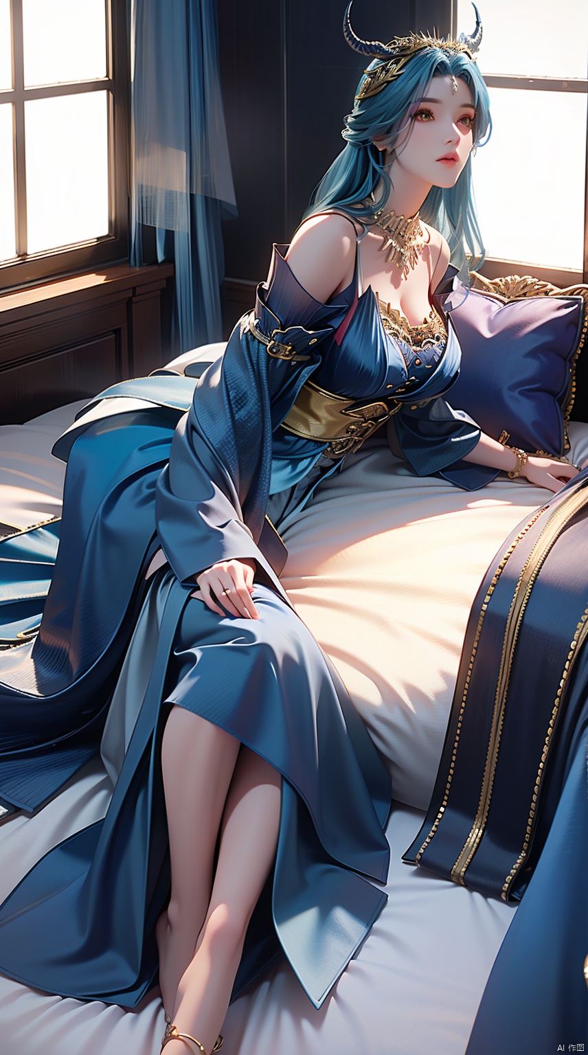 bestquality,ultradetailed,beautifuldetailedface,completeanatomy,langnu,1girl,blue hair,crown,gem,gold,jewelry,long hair,looking at viewer,yellow eyes,forehead jewel,necklace,(horns:1.4),hair ornament,blue dress,dragon girl,earrings,bare shoulders,((poakl)),cleavage,strapless underwear,bare shoulders, breasts,(Indoor:1.4),(Lying in bed:1.4),Beautiful thighs, (Dew thigh:1.4)without straps,sleeveless, armband,Bed, pillows, sheets, lying down,Barefoot<lora:EMS-346315-EMS:0.700000>, <lora:EMS-421771-EMS:0.800000>