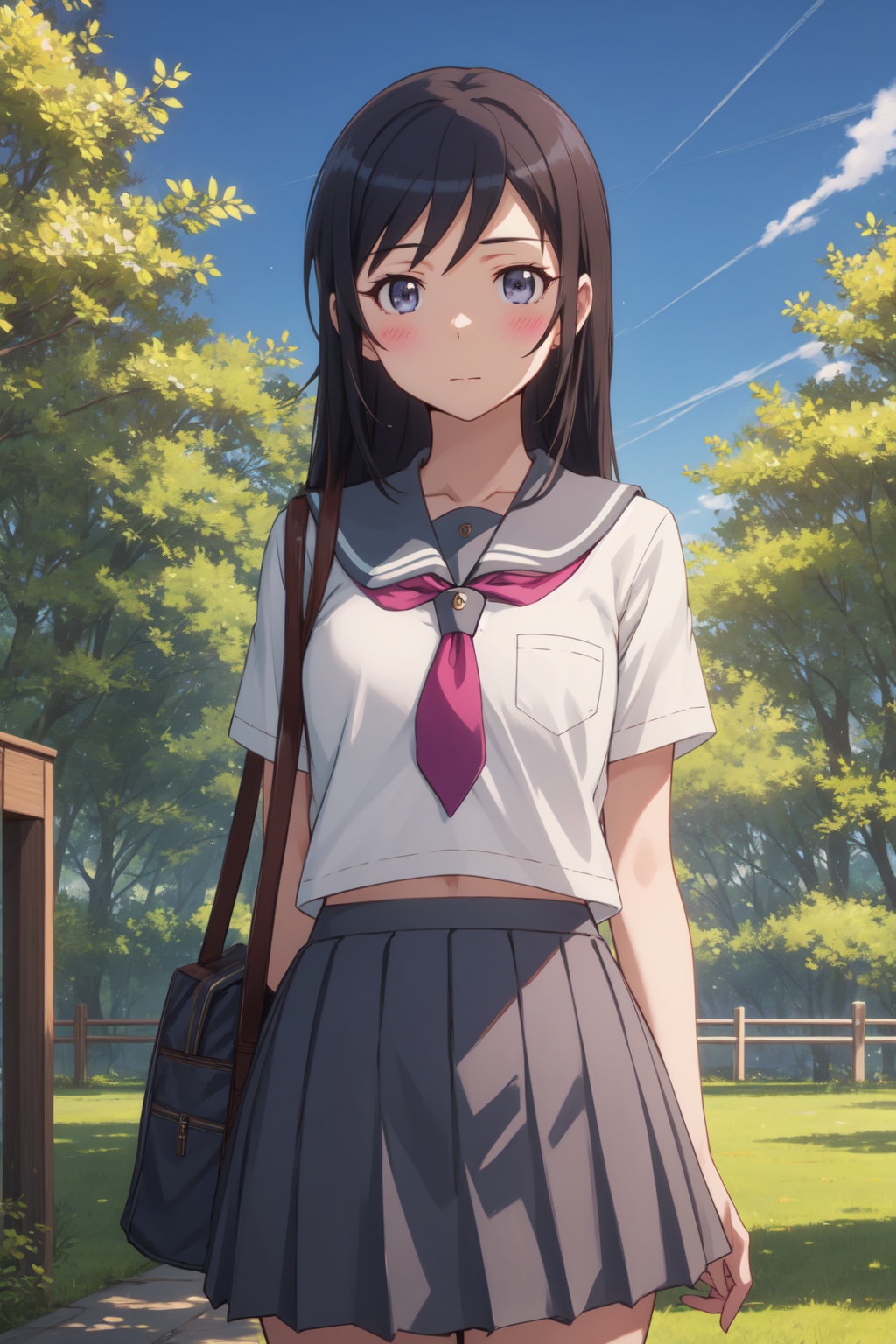 <lora:Ayase-000015:0.8>,Ayase cyql,1girl,looking at viewer,solo,long hair,black hair,blue eyes,blush,school uniform,kousaka kirino's school uniform,serafuku,skirt,pleated skirt,grey skirt,laughing,upper_body,beautiful face,beautiful eyes,glossy skin,shiny skin,Bamboo, Grove, Breeze, Peaceful, Tranquility, Nature, Serenity, Zen,(Cherry blossoms, Country lane, Blossom petals, Springtime charm, Rural tranquility, Cherry blossom drift:0.5),beautiful detailed sky,beautiful detailed glow,posing in front of a colorful and dynamic background,masterpiece,best quality,beautiful and aesthetic,contrapposto,female focus,wallpaper,fashion,