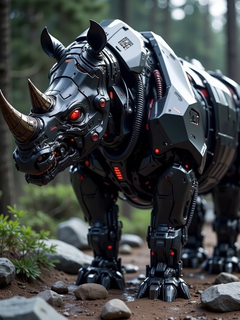 mecha,Mechanical metallic texture,Mechanical metallic texture,This is a sci-fi style image featuring a mechanical black rhinoceros. Its body is composed of black metal and mechanical components,with red glowing devices at the joints and parts of the shell. Its eyes also emit red light,appearing very sharp and intimidating. The mechanical black rhinoceros is located in a forest scene,with the ground covered in rocks and a blurry forest background. This combination of natural environment and mechanical creatures creates a unique atmosphere of integration and conflict between technology and nature,reflecting the imagination of future mechanical creations.,