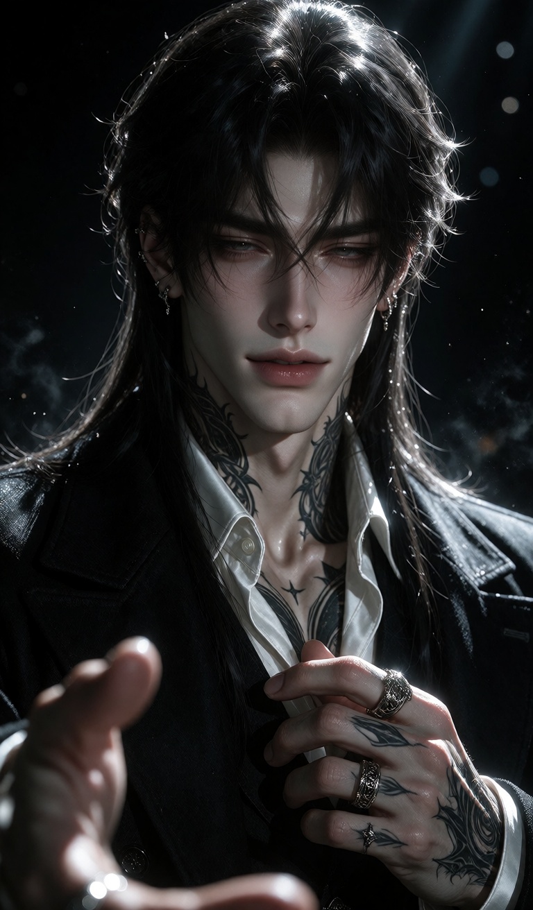 A stunning ***** man with very long black hair parted perfectly around his face stands extremely close to the viewer,  his...
