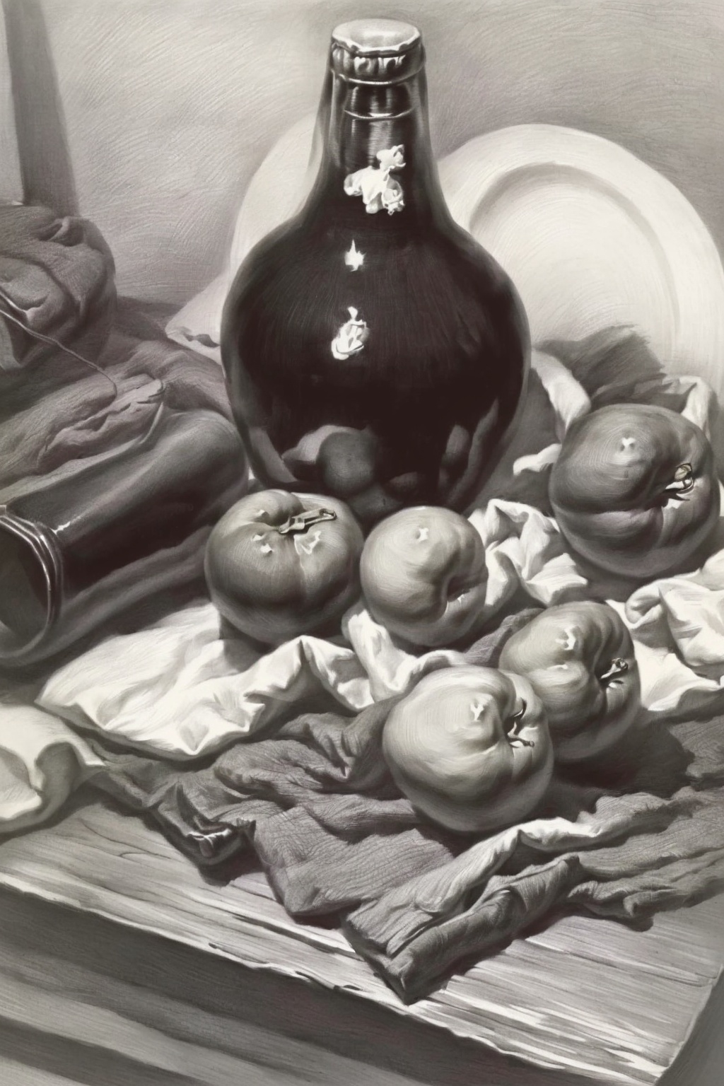 Best Quality, Masterpiece, (Reality: 1.3), Still Life, Table, Cloth, (Clay Pot: 0.6), (Apple: 0.6), (Pear: 0.6), (Tomato: 0.6), (Pepper: 0.6), 1 mineral water bottle, sketch, line, pencil drawing, traditional media, graphite (medium), simple background, white background,, <lora:sketch-pencil:1>