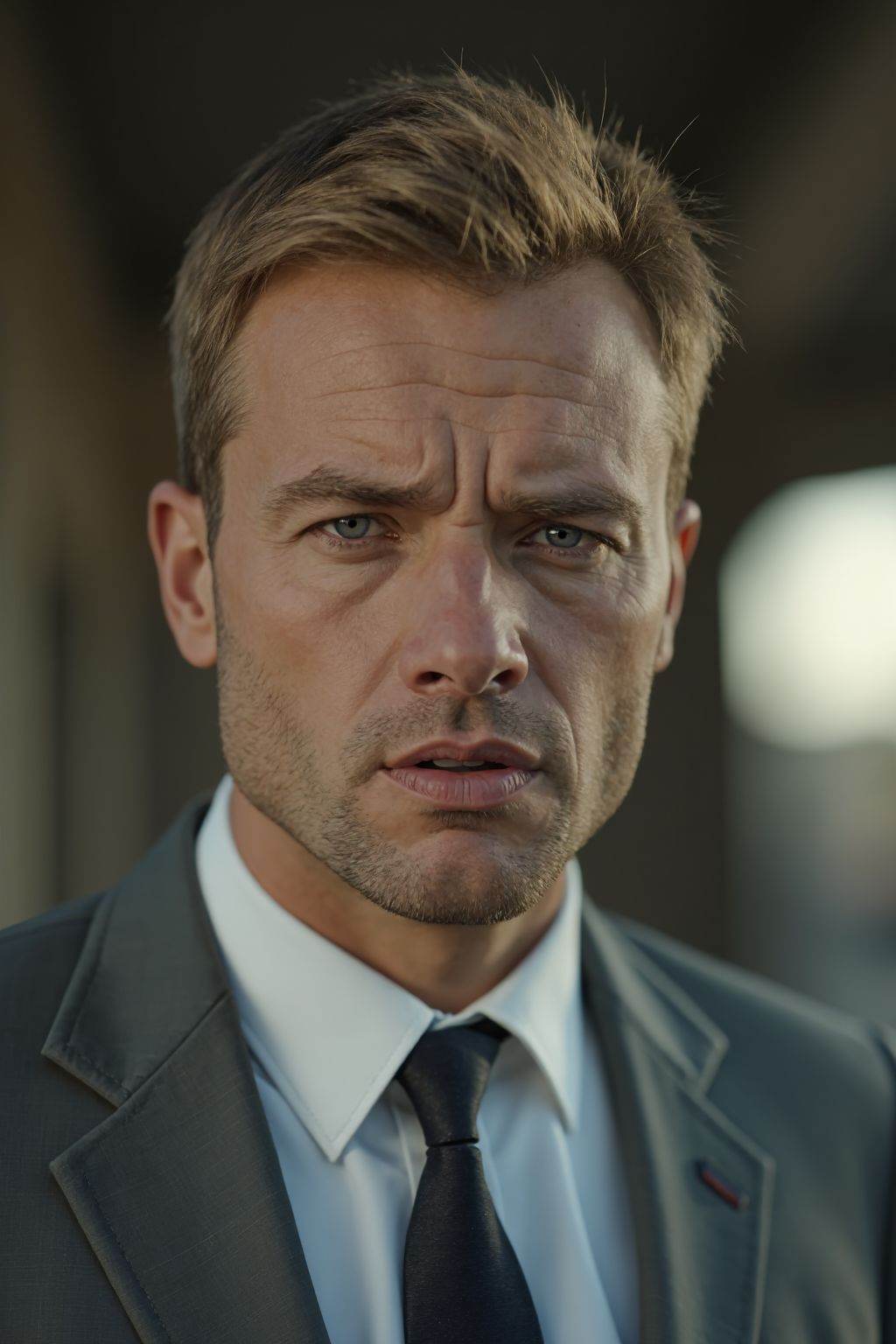 HDR photo of cinematic film still,  This is a photo of a man with short blond hair. He is wearing a gray suit,  with his m...