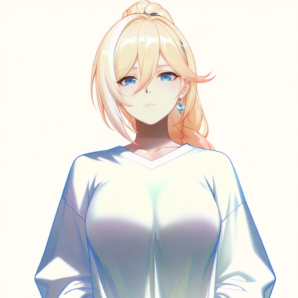 masterpiece, best quality,(white background:1.2),looking at viewer,SOLO,simple background  game_cg_style,Bianka Durandal Ataegina,bangs,streaked hair,silver hair,single braid,ponytail,white hair,multicolored hair,blue eyes,braid,blonde hair,long hair,breasts,very long hair,hair between eyes<lora:呆鹅-ILL:0.8>