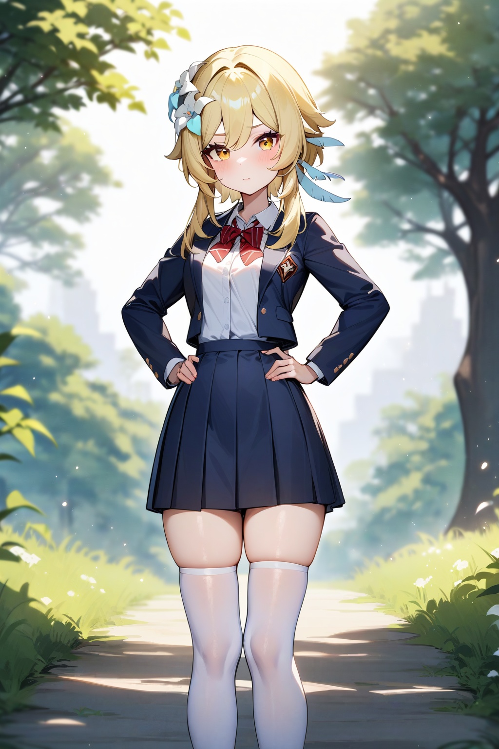 masterpiece,best quality,very aesthetic,absurdres,1girl,lumine \(genshin impact\),solo,blonde hair,standing,outdoors,<lora:lumine-000006:0.6>,nature,school uniform,white thighhighs,hands_on_hips,
