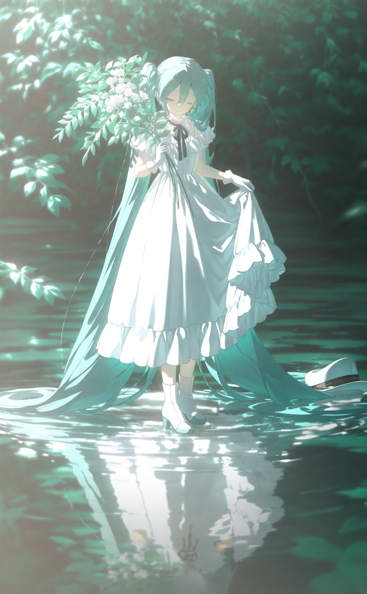 1girl, hatsune miku, white dress, long hair, dress, solo, very long hair, twintails, closed eyes, holding, reflection, white footwear, neck ribbon, leaf, water, full body, white flower, flower, aqua hair, ribbon, hair between eyes, standing, plant, black ribbon, ripples, closed mouth, holding flower, long dress, green theme, frills, frilled dress, outdoors, reflective water, skirt hold, unworn headwear, white gloves, pond, short sleeves, blurry, socks, smile, aqua theme, shoes, facing viewer, nature, unworn hat, high heels, absurdly long hair, hair ornament, depth of field, holding clothes, hat, reflective floor, tree, boots, wading, standing on liquid, sleeveless dress, green hair, white socks, holding hat, white ribbon, gloves, sleeveless<lora:konya666up-000025:0.8>