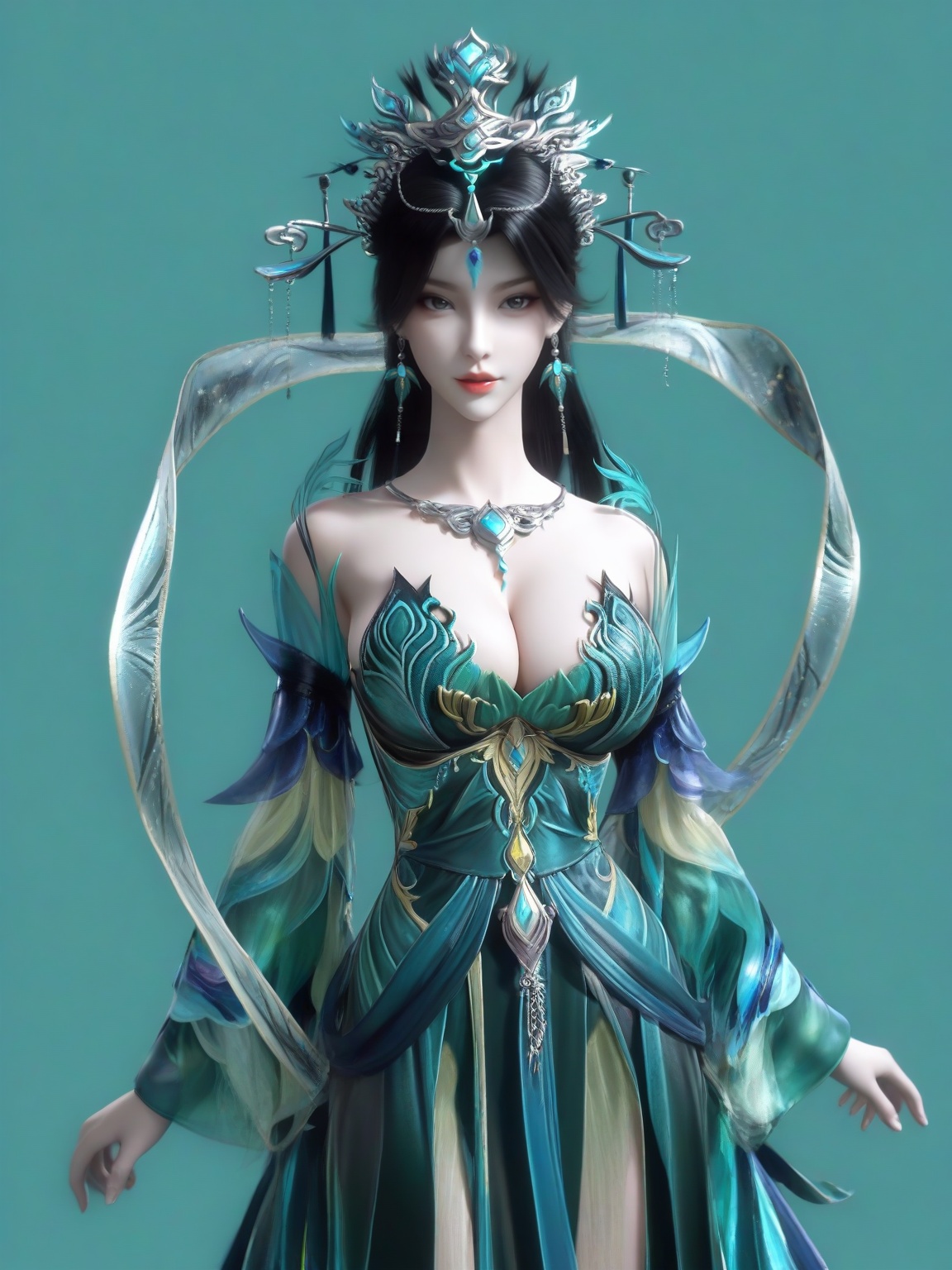 score_9,1girl,solo,dress,long hair,standing,long hair,black hair,earrings,hair ornament,bangs,green dress,detached sleeves,large breasts,standing,lipstick,upper body,looking at viewer,simple background,<lora:SF_YanQingFei_Pony_Realism2.3-000003:0.7>,
