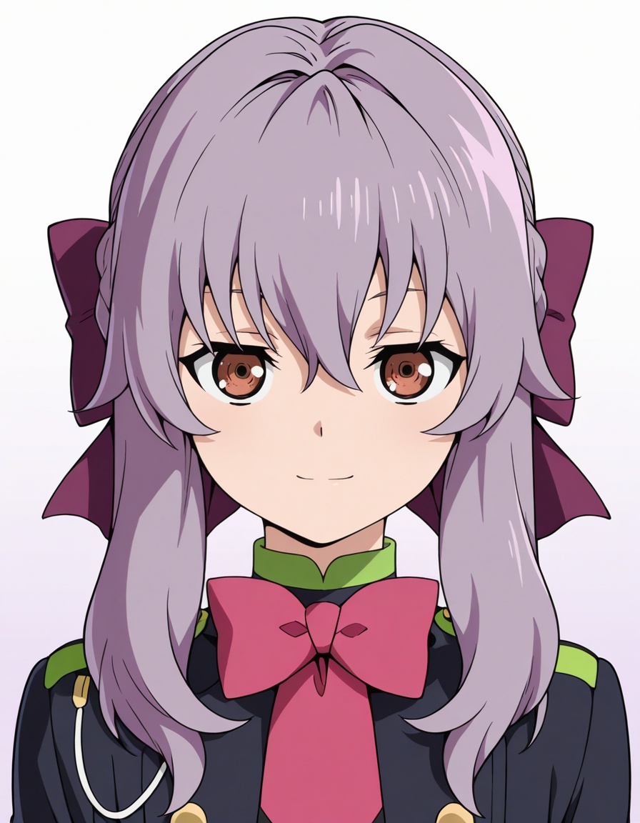 masterpiece, best quality, amazing quality, gradient background,1girl, looking at viewer, solo, upper body, portrait, straight-on, close-up, light smile,shinoa hiiragi (owari no seraph), long hair, purple hair, hair bow, half up braid, sidelocks, hair between eyes, brown eyes, purple hair bow,military uniform, aiguillette, double-breasted, pink bowtie,<lora:shinoa_hiiragi-owari_no_seraph_s2-ixl-anime-soralz:1>