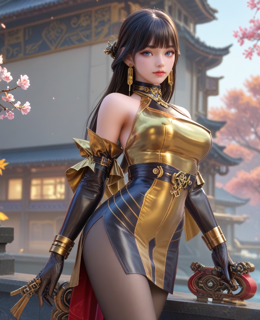 (oriental architecture, elegant decor, sophisticated style:1.1),(Posing with hands in front of the body, fingers intertwined,:1.1),(breasts:1.2),<lora:XL16穿越火线步练师灵魂武者:0.95>,miss bulianshi,yellow and black short dress,blue eyes,blunt bangs,black hair,half updo with long cascading hair,earrings,jewelry,black elbow gloves,bracelet,bare left shoulder,armlet,black pantyhose,yellow high heels,, score_9,score_8_up,score_7_up,score_6_up,score_5_up,score_4_up,3d rendering,tag1,tag2, Cinematic Lighting,backlighting,, zPDXL3, zPDXL2,zPDXL, zPDXLxxx, zPDXLrl,