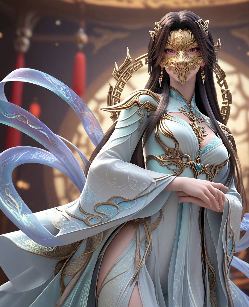 (oriental architecture, elegant decor, sophisticated style:1.1),Arms crossed over the chest,,(breasts:1.2),<lora:XL16完美世界狠人大帝:0.95>,miss henren,white high-slit corset gown,brown eyes,black hair,very long hair,long front strands,earrings,jewelry,wide flowing sleeves,hagoromo,bronze mask,, zPDXL2, score_9, score_8_up, score_7_up BREAK realistic, masterpiece,best quality, highly detailed,, zPDXL3, zPDXL2,zPDXL, zPDXLxxx, zPDXLrl,