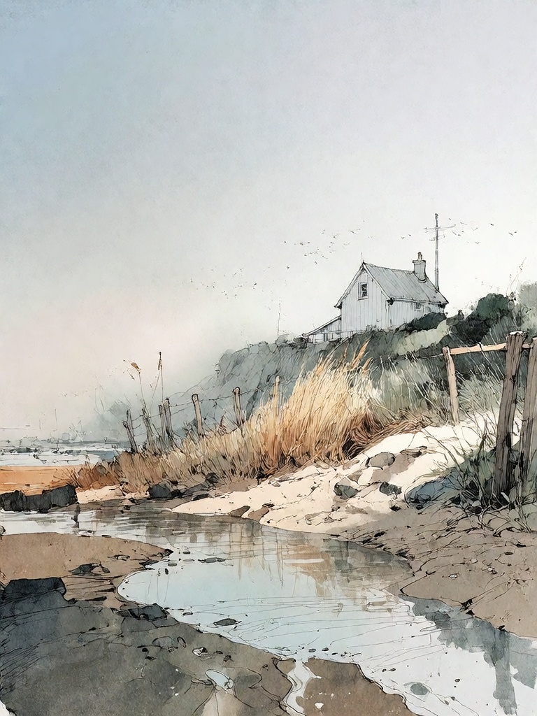 Bradhamel art style. A tranquil coastal scene rendered in watercolor,  featuring a misty shoreline with shallow tidal pool...