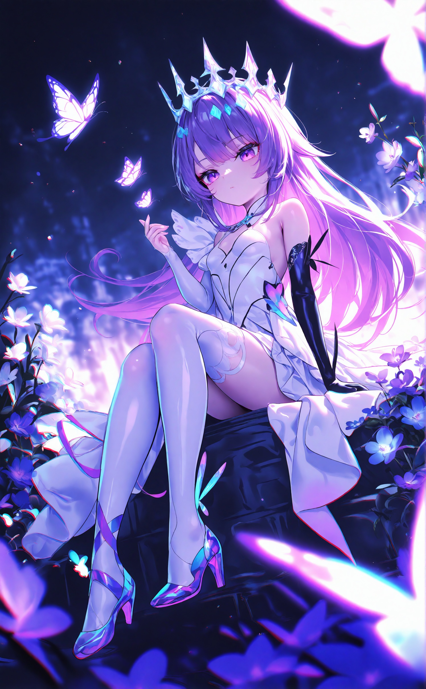 masterpiece,very aware,highres,absurdres,newest,best quality,loli,petite,high quality,chromatic_aberration,cinematic_angle,dutch angle,//,1girl, solo, long hair, breasts, bangs, hair ornament, thighhighs, gloves, dress, bare shoulders, sitting, closed mouth, purple eyes, full body, purple hair, flower, black gloves, elbow gloves, hair flower, white dress, high heels, white thighhighs, bug, crown, butterfly, single glove, purple gloves, asymmetrical gloves<lora:Komachan:1>