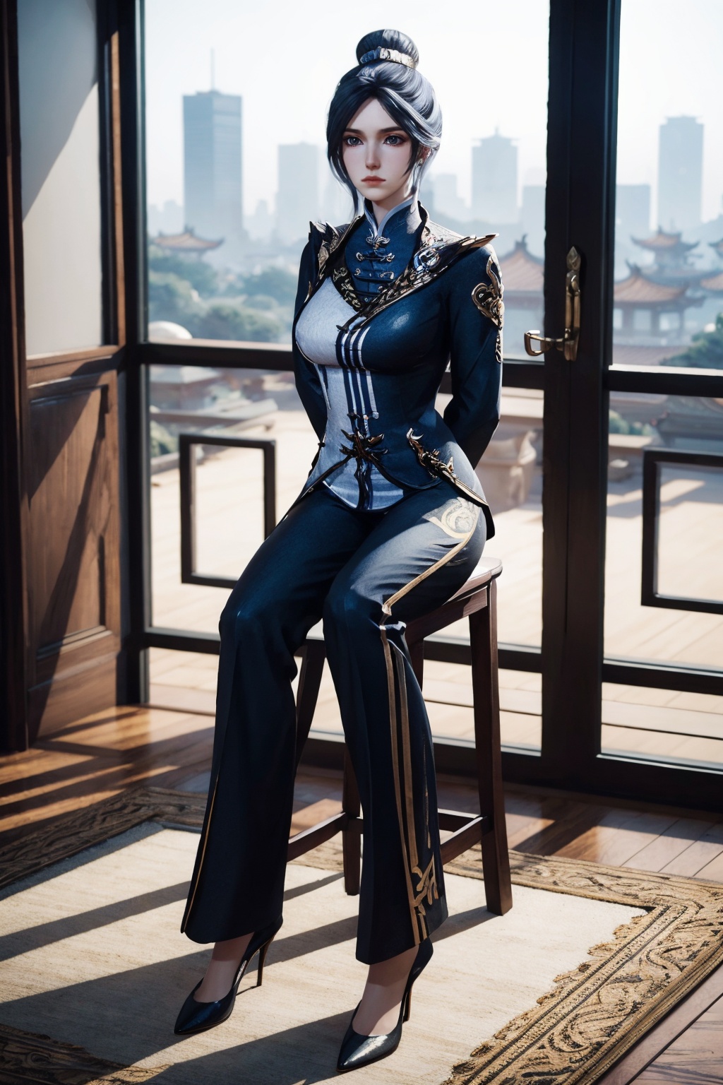 1girl,solo,closed mouth,single hair bun,((hair ornament)),jewelry,high collar,(chinese clothes),pants,black high heels,wariza,sitting on floor,(arms behind back),(looking at viewer),indoors,chinese building,carpet,plant,wooden window,((full body)),3d,game cg,Highly detailed,(best quality:1.5,masterpiece:1.5),<lora:zhouyi:0.85>,zhouyi,