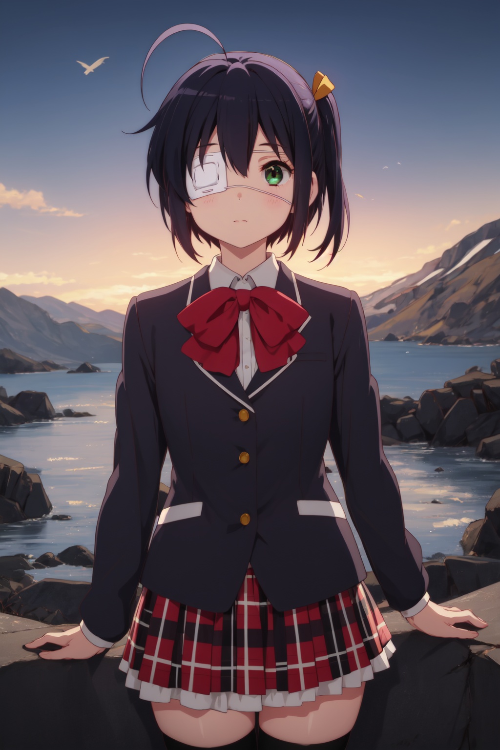 <lora:Rikka-000006:0.8>,Rikka CYQL,1girl,looking at viewer,solo,black hair,short hair,ahoge,ribbon,yellow ribbon,one side up,green eyes,eyepatch,medical eyepatch,red bow,school uniform,bowtie,shirt,skirt,thighhighs,plaid skirt,zettai ryouiki,plaid,shoes,blazer,black thighhighs,jacket,blush,smirk,upper_body,Volcano, Lava, Ash, Crater, Smoke, Rocks, Seabirds, Magma,(Japanese maples, Tea house, Stone lanterns, Koi pond, Fall foliage, Tranquil retreat:0.5),beautiful detailed sky,beautiful detailed glow,posing in front of a colorful and dynamic background,masterpiece,best quality,beautiful and aesthetic,contrapposto,female focus,wallpaper,
