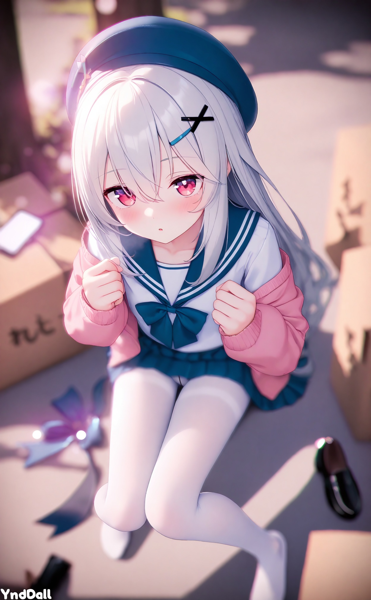 masterpiece,absurdres,best quality,loli,petite,high quality,chromatic_aberration,//,1girl,pantyhose,white pantyhose,skirt,hat,school uniform,looking at viewer,pleated skirt,sailor collar,long hair,blue sailor collar,sitting,blue skirt,beret,white hair,shoes,pink cardigan,x hair ornament,red eyes,hair ornament,bow,hair between eyes,blue headwear,serafuku,loafers,cardigan,shirt,no shoes,blue bow,white shirt,parted lips,bowtie,pink eyes,from above,long sleeves,blush,blue bowtie,open clothes,off shoulder,knees together feet apart,box,panties under pantyhose,full body,underwear,grey hair,miniskirt,panties,solo,cardboard box,unworn shoes,collarbone,black footwear,pink jacket,open cardigan,signature,multiple views,phone,sidelocks,cellphone,thighband pantyhose,jacket,feet,very long hair,gusset,smartphone,knees up,hairclip,outdoors,clenched hands,//,Depth of field,(colorful),hdr,Tyndall effect,depth of field,Tyndall Effect,blurry,blurry_background,depth_of_field,bokeh,glowing,//,<lora:MMDguangwuran2——【noob】hans:1.15>,