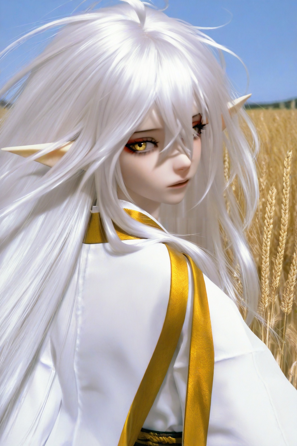 highres,absurdres,Visual impact,masterpiece,best quality,very aesthetic,newest,amazing quality,very awa,doll joints,joints,<lora:DOLL-Style:0.8>,\\,(portrait:2),1girl,solo,elf ears,very long hair,white hair,hair between eyes,disheveled hair,(messy hair:1.3),ahoge,yellow eyes,red eyeshadow,long sidelocks,White dense eyelashes,(yellow trim:1.1),(white kimono:1.1),white hanfu,long sleeves,wide sleeves,(yellow loincloth:1.1),white pelvic curtain,white waist apron,white waist cape,long waist cape,(pelvic curtain:1.1),( waist cape:1.1),(waist apron:1),(puffy pants:1.1),(white pants:1.1),knee boots,white boots,(simple clothes:1.5),\,(wheat field:1.5),looking at viewer,(looking back:1.5),upper body,blue sky,