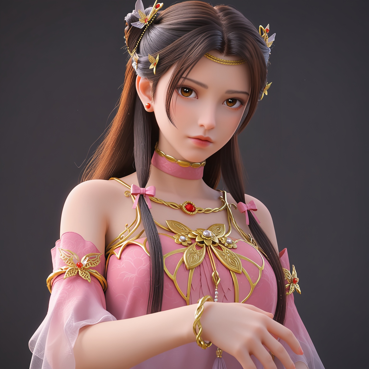 <lora:YQponytianlingerV4:0.8>,q1528437228,solo,jewelry,long_hair,hair_ornament,black_hair,dress,bare_shoulders,earrings,necklace,brown_eyes,choker,brown_hair,bracelet,detached_sleeves,realistic,pink_dress,see-through,hair_bun,pink_bow,ribbon,BREAK score_9,upper_body,portrait,shiny_skin,(looking at viewer:1.1),cinematic lighting,volumetric lighting,solo focus,(huge breasts:0.9),(simple background,pure black background,black background:1.1),