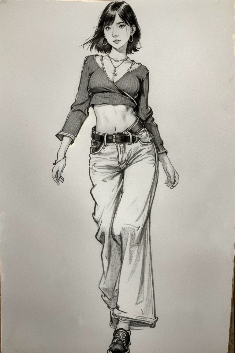 ((HRD, HUD, 8K)),((masterpiece, best quality)), highly detailed, soft light,Sketch, 1girl, solo, monochrome, navel, midriff, jewelry, earrings, greyscale, crop top, traditional media, belt, pants, hoop earrings, breasts, short hair, looking to the side, full body,  <lora:20240413-1712999239990:0.8>
