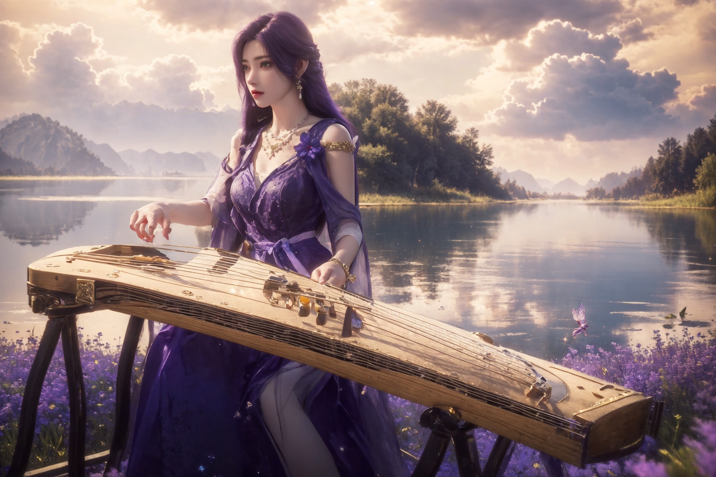 ((4k,masterpiece,best quality)),professional camera,8k photos,wallpaper,purple hair,1girl,solo,long hair,(dress:1.3),jewelry,eyes,earrings,outdoors,sky,sparkle_water,necklace,dress,lips,sparkle,sitting,flower,outdoors,water,tree,music,playing instrument,zither,Flowers,meadows,lavender,butterflies,<lora:NM_FC-云曦-易容泛化_2.0 (1):0.8>,<lora:美人胚子(油彩画风):0.4>,