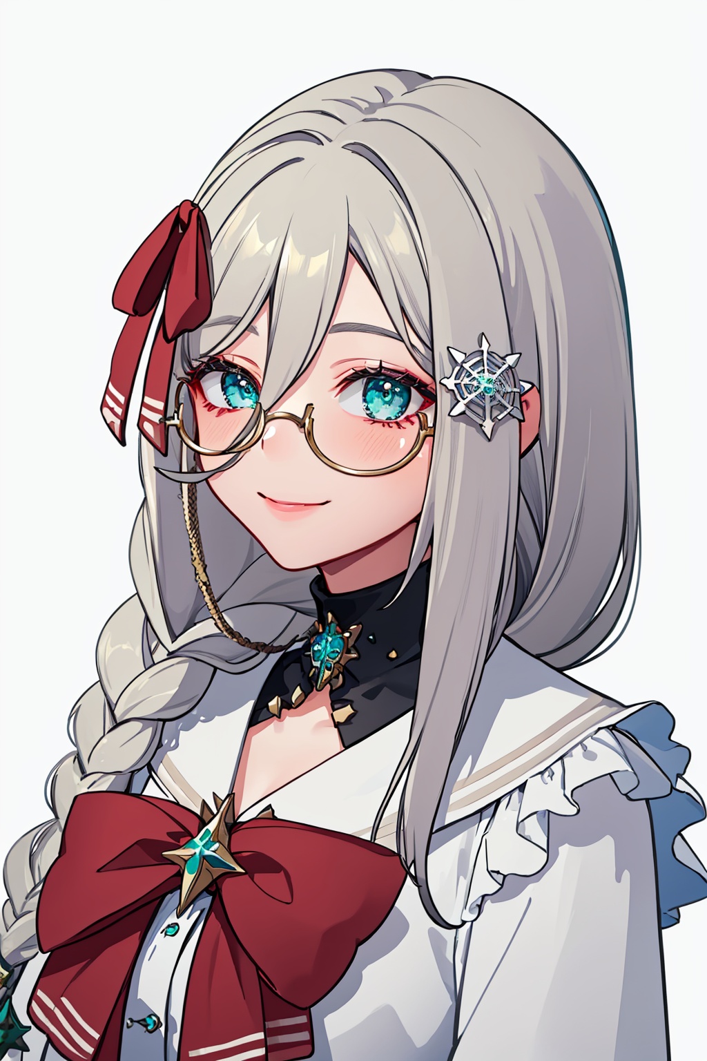 masterpiece,best quality, highly detailed, 1girl,aia amare,looking at viewer,smile,solo,virtual youtuber,white gloves,eyewear strap,long sleeves,red bow,snowflake hair ornament,closed mouth,white background,white dress,hair over shoulder,portrait,upper body,<lora:aia_amare:1>