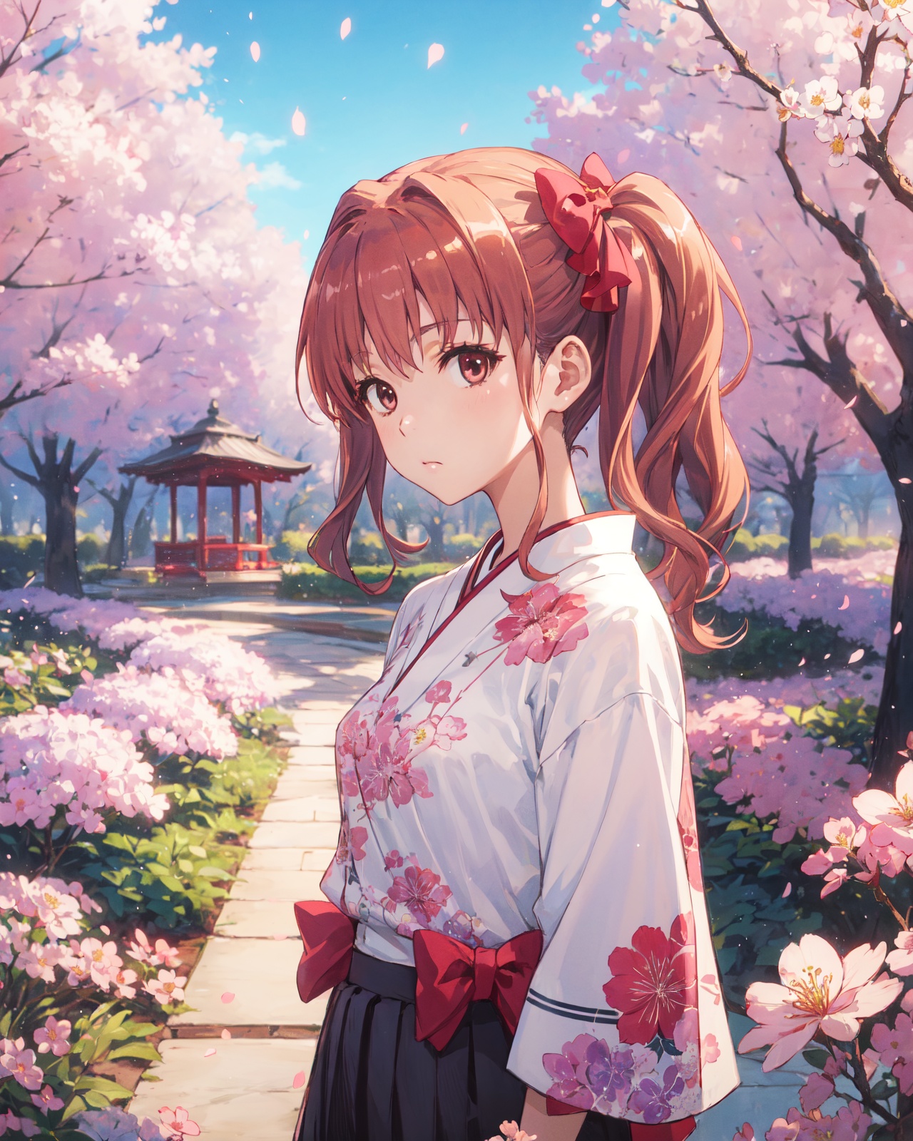 <lora:Kuroko-000003:0.8>,Kuroko CYQL,1girl,looking at viewer,solo,long hair,twintails,brown hair,brown eyes,bow,hair bow,wavy hair,(Floral_wrap_top:1.5),(Midi_skirt:1.4),(Beaded_bracelets:1.3),(Garden_party_background:1.5),(light_blush:1.2),(portrait:1.1),from_side,Cherry blossoms, Pagoda, Koi pond, Cherry blossom festival, Japanese tranquility, Cherry blossom petals,beautiful detailed sky,beautiful detailed glow,posing in front of a colorful and dynamic background,masterpiece,best quality,beautiful and aesthetic,contrapposto,female focus,wallpaper,<lora:增强减少细节add_detail:0.4>,