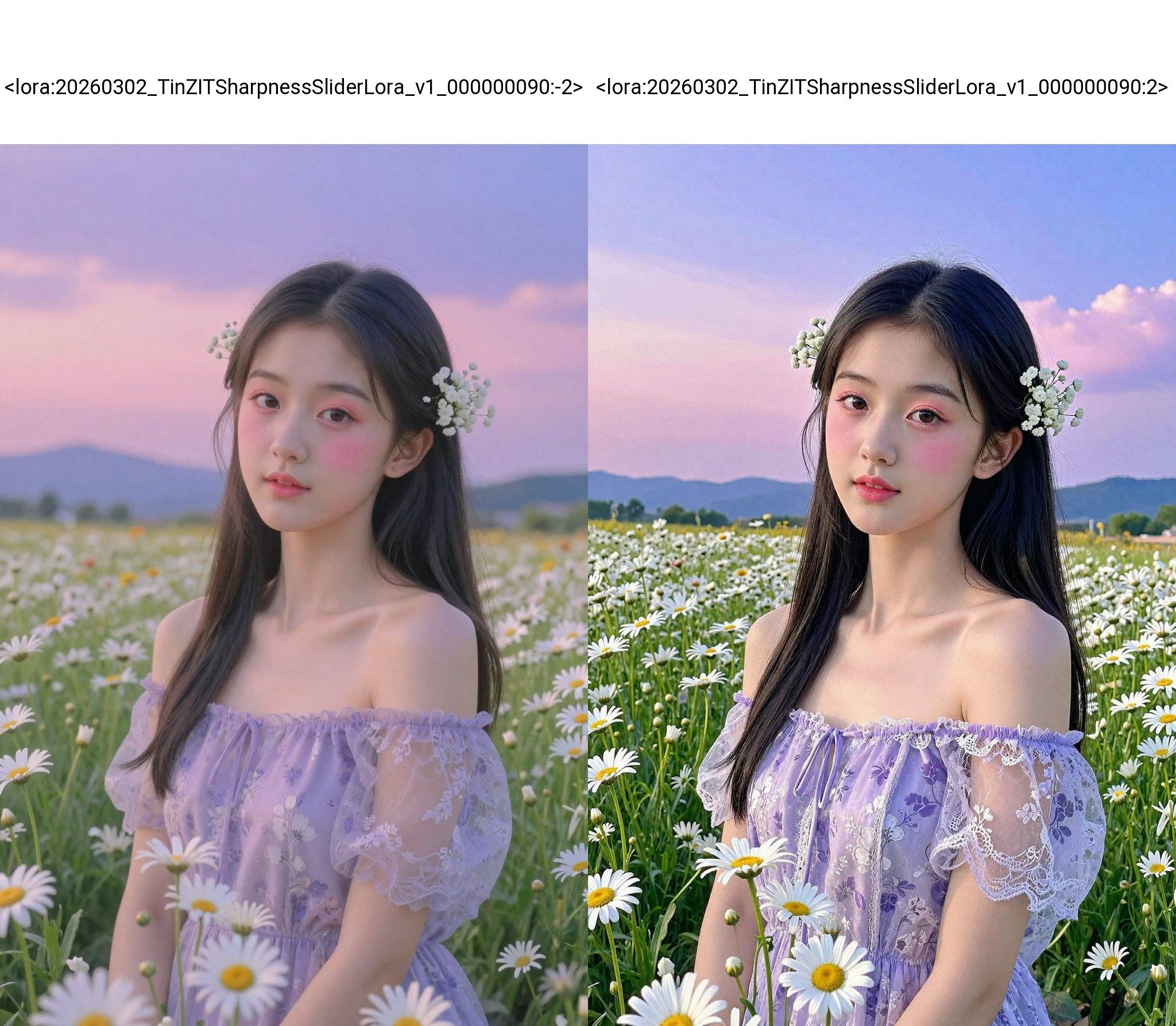<lora:20260302_TinZITSharpnessSliderLora_v1_000000090:-2>, This is a high-resolution photograph capturing a young Asian woman in a serene, sunlit field of blooming daisies. The woman, likely in her early twenties, has long, straight black hair adorned with delicate, white baby's breath flowers. Her skin is smooth and fair, with a natural, radiant complexion. She is dressed in a light, off-shoulder, purple dress with sheer, lace-like sleeves and a subtle floral pattern, which complements the surrounding flowers. Her makeup is minimal but accentuates her eyes with a soft, pink blush and subtle eyeliner, giving her a fresh, natural look. The background features a vast expanse of daisies in various stages of bloom, with some flowers fully open and others still in bud, creating a lush, vibrant field. The sky is a beautiful gradient of soft pinks and purples, transitioning into a deeper blue as it reaches the horizon, suggesting either dawn or dusk. In the distance, rolling hills or mountains are faintly visible, adding depth to the scene. The overall mood is peaceful and ethereal, with the woman appearing almost like a serene spirit among the flowers.