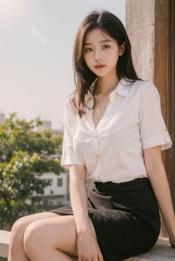 best quality,masterpiece,ultra high res,looking at viewer,simple background,huge breasts,1girl,<lora:KODAK MAX800_lora:0.8>,pencil skirt,button-up shirt,classic pumps,morning glow,pastel sky,cool tones,sun rays,soft light,peaceful atmosphere,early morning serenity.,