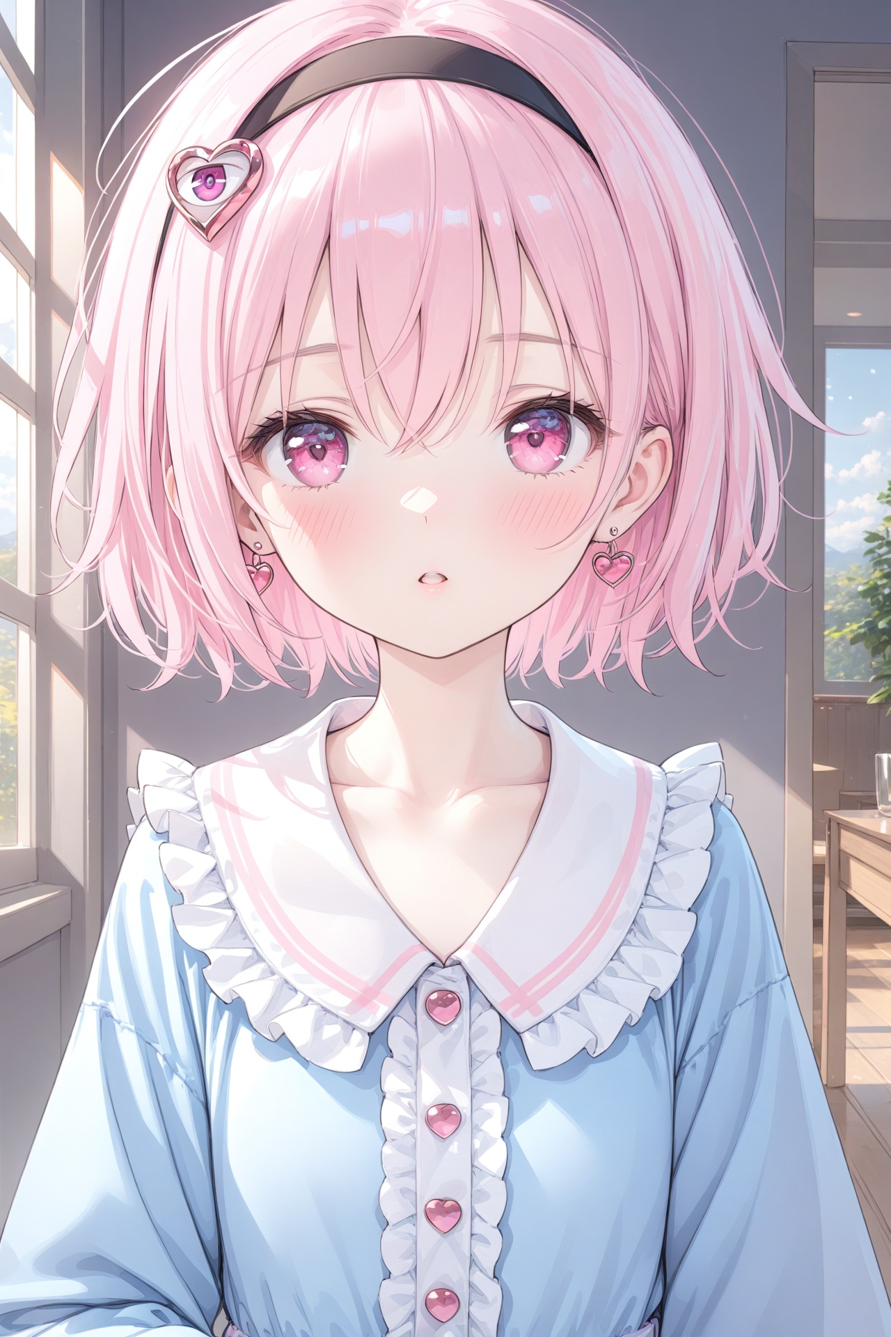 (masterpiece),(best quality),illustration,ultra detailed,hdr,Depth of field,(colorful),loli,1girl,solo,komeiji satori,heart,pink hair,long sleeves,short hair,hairband,looking at viewer,third eye,heart hair ornament,blush,upper body,hair ornament,parted lips,shirt,blue shirt,pink eyes,black hairband,hair between eyes,bangs,frills,frilled shirt collar,buttons,jewelry,earrings,wide sleeves,frilled sleeves,collarbone,