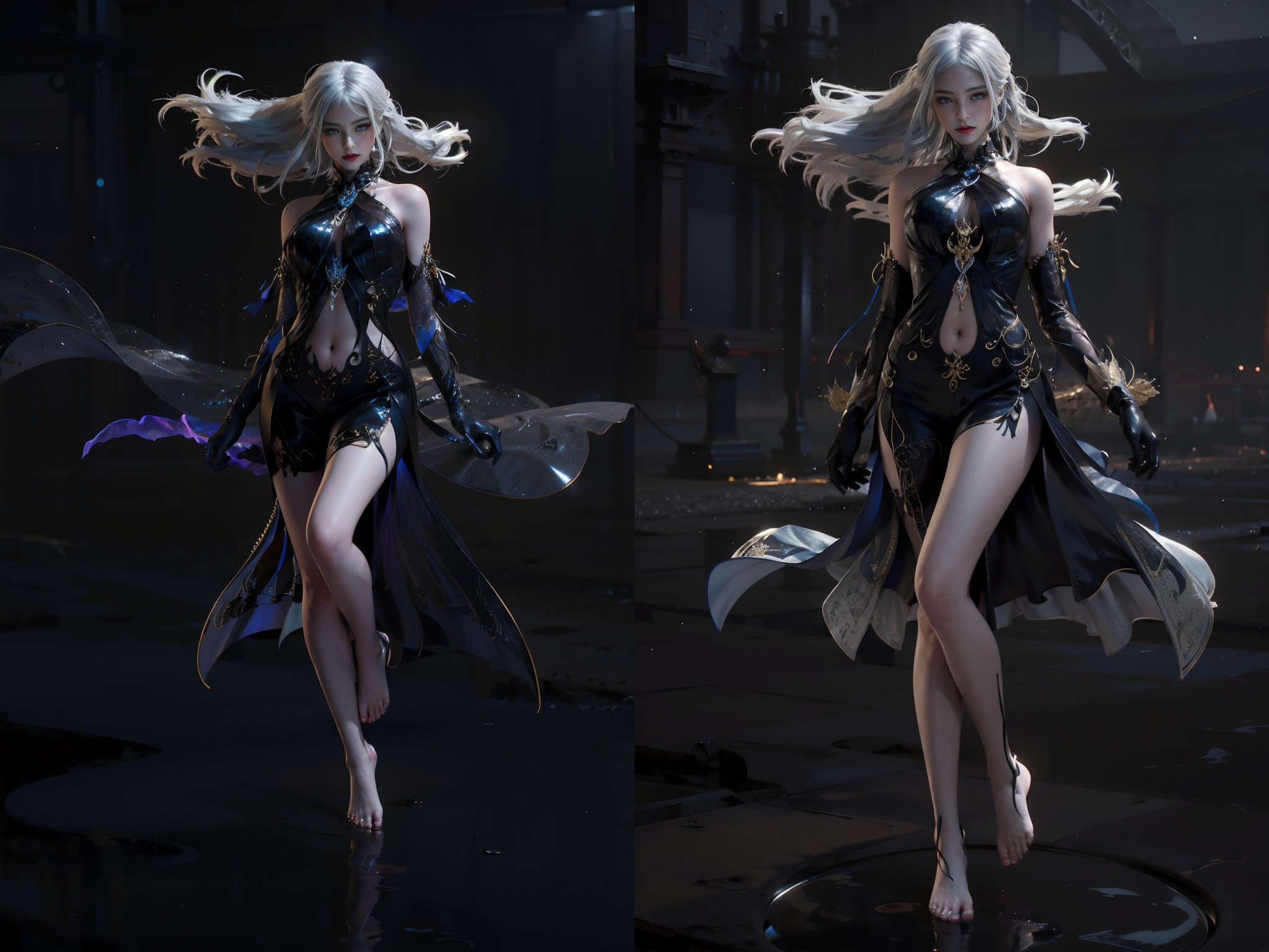 1girl,solo,barefoot,long hair,white hair,navel,gloves,bare shoulders,dress,feet,jyy,<lora:jyy-000004:0.9>,(Charming posture:1.4),(Floating in the air:1.2),(Dark Environment:1.2),(Night:1.1),