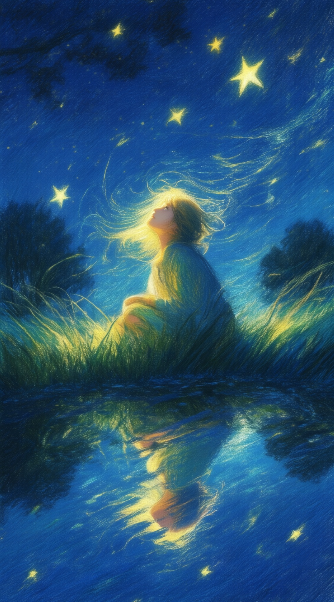 Illustration,Illustration,Fluorescent painting,Emotional illustration,There is a clear pool of water in the grass,with a mirror like surface reflecting the figures of a girl. The girl is sitting in the grass,her long blonde hair swayed in the waves of light,and the sky was a deep blue with shining stars. She looks up at the sky,wears a dress,The moonlight shone on the water,casting a faint silver glow.A peaceful and dreamful atmosphere. Crayon texture,rich colors,full of vitality.,big stars,small stars,big trees,Illustration,ldkl style,Mid shot,shot from below,A shot with tension,, Negative prompt: ng_deepnegative_v1_75t,(badhandv4:1.2),EasyNegative,(worst quality:2),,nsfw, Steps: 30, Sampler: Euler, CFG scale: 4.0, Seed: 610310266, Size: 1142x2048, Model hash: 9768b098f7, Model: ZOZ_千问大模型~超强泛化改良版_v1.0.safetensors, Denoising strength: 0, RNG: CPU, Lora 1: ZOZ, Lora Hash 1: aadbc953ae, Lora Weight 1: 0.8, vae_name: automatic