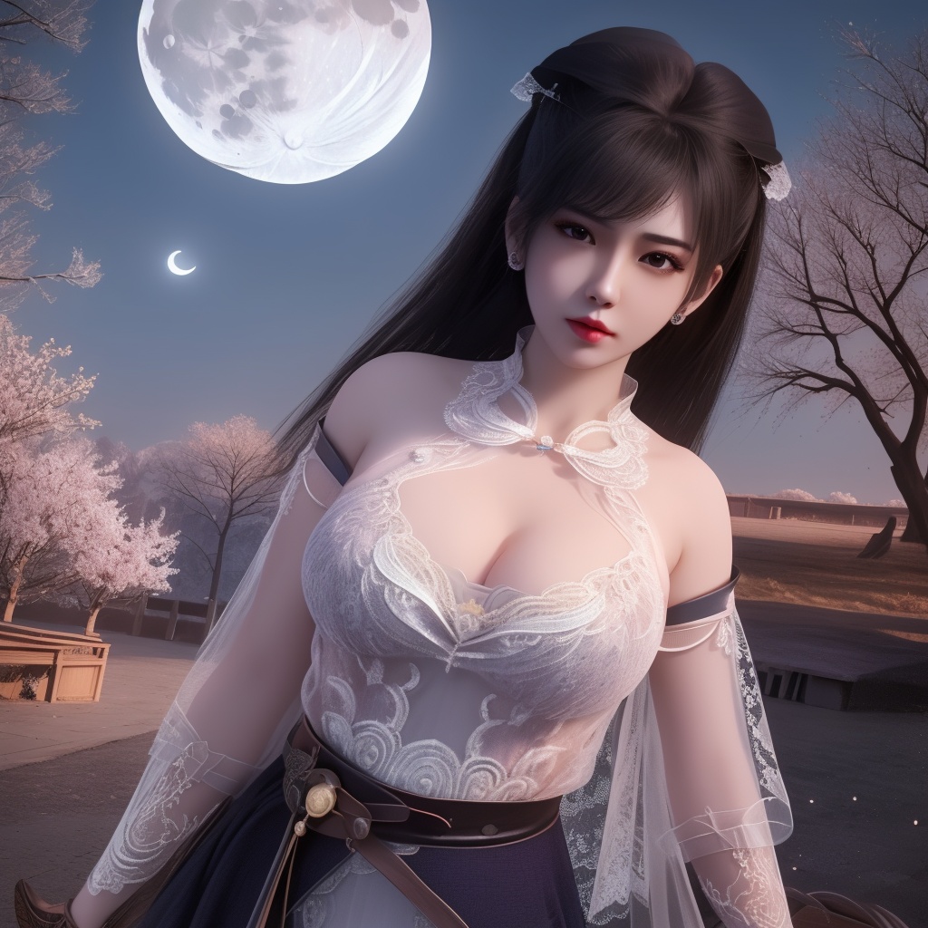 <lora:799-DA-神墓-楚钰:0.8>, (,1girl, ,best quality, ),,  ,ultra realistic 8k cg, ,masterpiece, (( , )),, ,fiction,mole,,      ,(cleavage),,  (),  ,see-through, lace, (((, solo, moon, , bare_tree, )))(cleavage),,