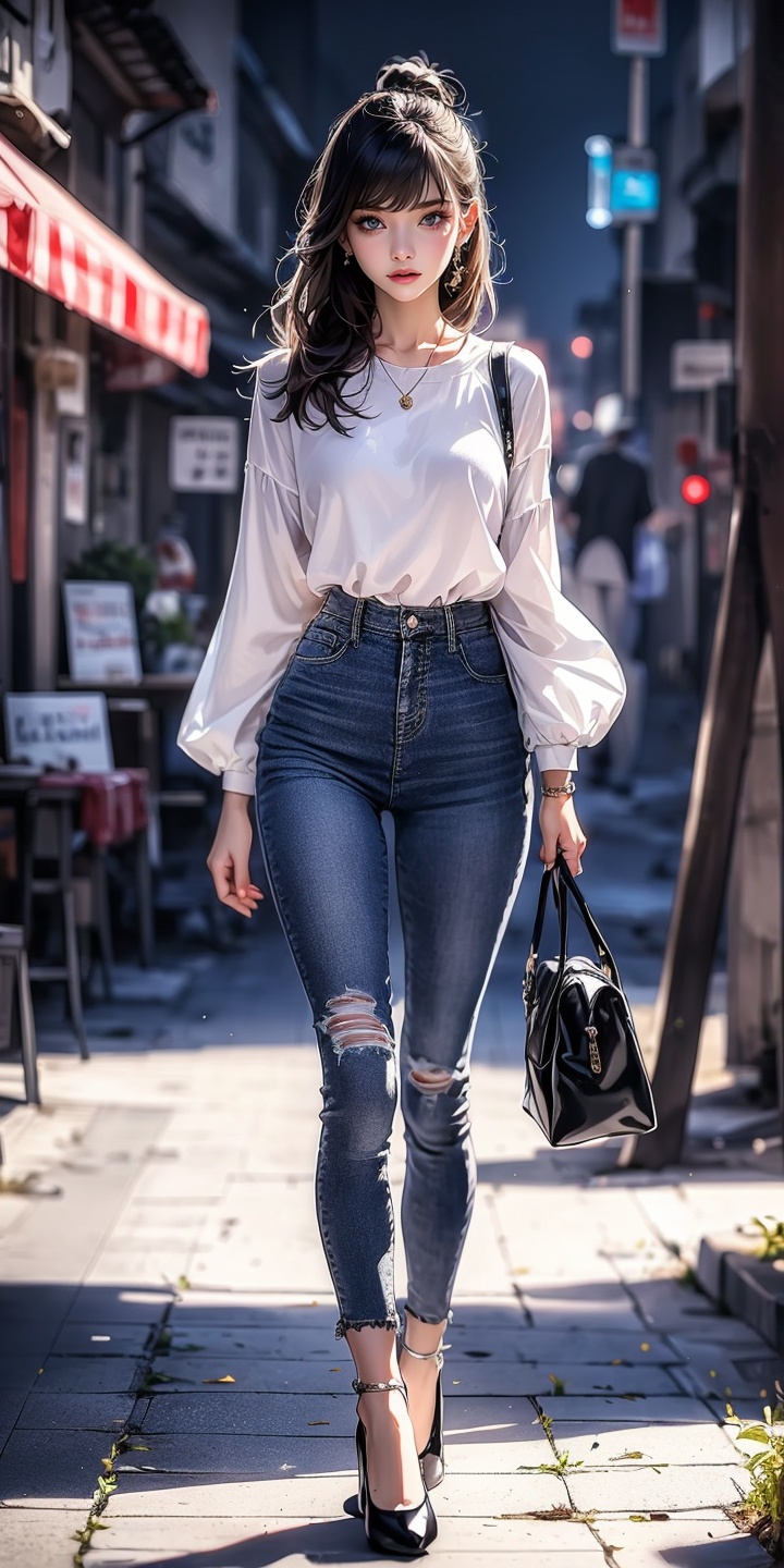 1girl, <lora:jeans:0.6>,jeans,standing,white shirt,white high_heeled shoes,, 1girl,moyou,