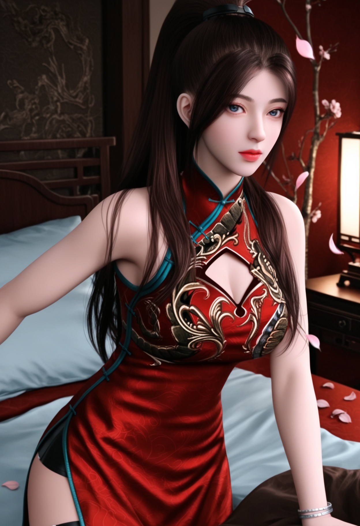masterpiece,best quality,amazing quality,very aesthetic,high resolution,ultra-detailed,absurdres,scenery,photorealistic,(looking at viewer:1.1),upper body,(Dark room:1.3),(moody lighting:1.1),peach blossom,falling petals,(large breasts:0.8),tangzichen,1girl,solo,long hair,brown hair,chinese clothes,dress,china dress,red dress,blue eyes,ponytail,sleeveless,thigh strap,jewelry,bracelet,side slit,sleeveless dress,brown eyes,black hair,high ponytail,high heels BREAK photorealistic details,<lora:QQSilltangzichenV1:0.8>,
