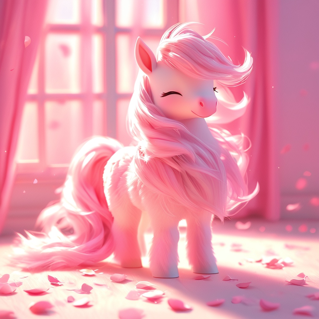 wuma, pony, ^ ^, whiskers, cute, cc-color-correction, mf-movie-filter, warm colors, whimsy and dramatic lighting, white fur, soft lighting, fluffy, pony focus, no humans, window, curtains, closed eyes, pink theme, full body, indoors, standing, blurry, petals, closed mouth,<lora:wuma_xl:0.8>,