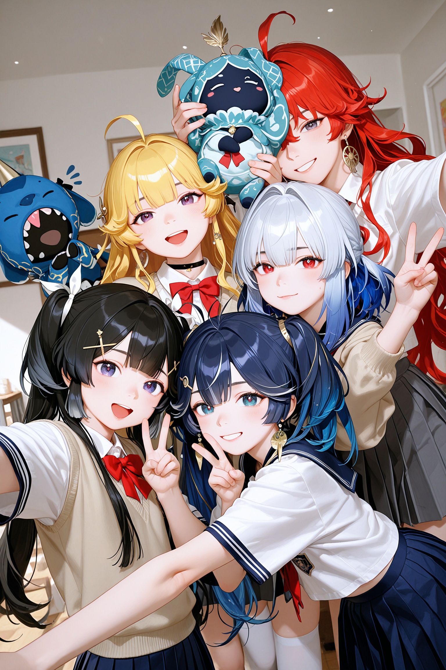 {{artist:toddler}},artist:henreader,artist:ciloranko,[artist:sho_(sho_lwlw)],[[tianliang duohe fangdongye]],1girl,iuno \(wuthering waves\),2girls,augusta \(wuthering waves\),3girls, galbrena \(wuthering waves\), school uniform,v,smile,selfie,