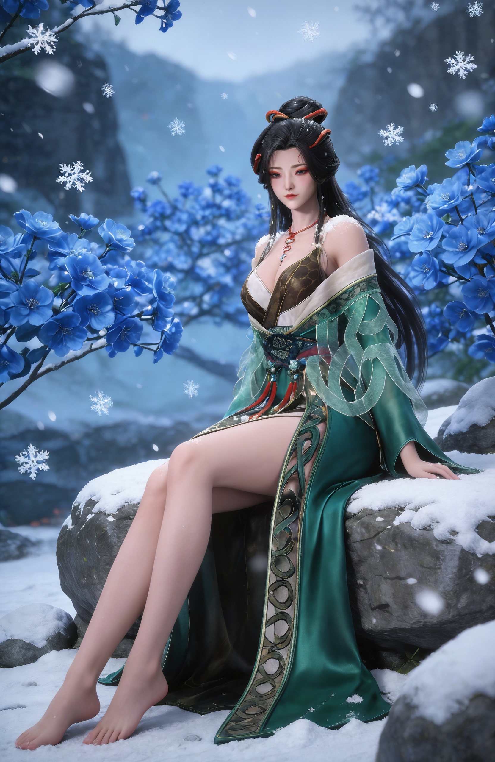 score_9,<lora:牧神记-龙娇男Pony:0.8> 1girl,solo, long hair, black hair, hair ornament, hair bun,necklace, bare shoulders, chinese clothes, breasts, green dress, off shoulder, sash,, ,snowing, rock,,blurry,sitting,full body,arm support,blue flower,snowflakes