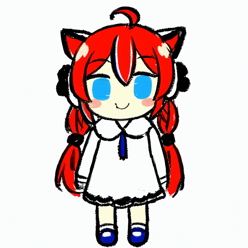 1girl,    solo, tail, long hair, hair between eyes, animal ears, multicolored hair, shoes, chibi, standing, blue hair, closed mouth, long sleeves, smile, blue eyes, :3, blush stickers, twintails, full body, virtual youtuber, streaked hair, looking at viewer, dress, blue footwear, red hair, ahoge, white background, white dress, simple background, low twintails, white hair, very long hair, masterpiece, best quality,  safe