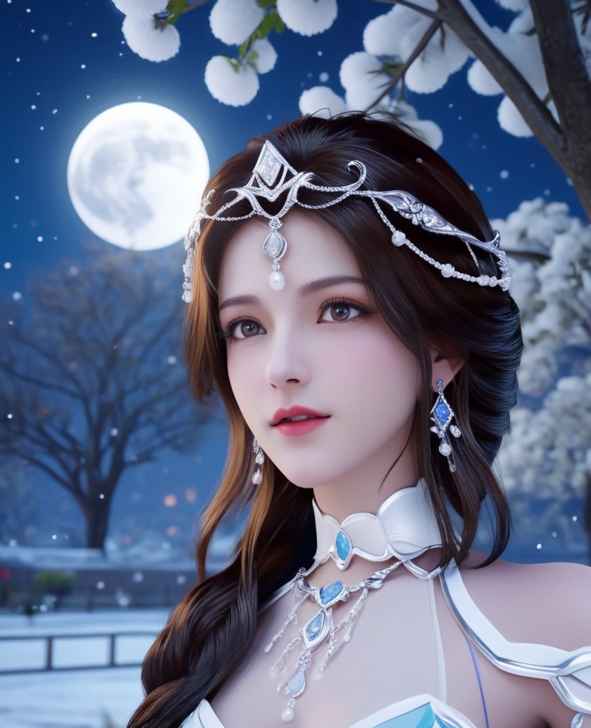 <lora:613-DA-XL-神印王座-白玥:0.8>(,1girl, ,best quality, ),looking at viewer,  ultra realistic 8k cg, picture-perfect face,   clean, masterpiece,     cinematic lighting, cinematic bloom, fantasy,  , unreal, science fiction, ((,1girl, pov,))(((,tree, 1girl, full moon,snowing,snow ,solo,     solo focus,  long_hair, looking_at_viewer,  )))  (rich:1.4,)     prestige, luxury, jewelry, diamond, gold, pearl, gem, sapphire, ruby, emerald, intricate detail, delicate pattern, charming, alluring, seductive, erotic, enchanting, hair ornament, necklace, earrings, bracelet, ,