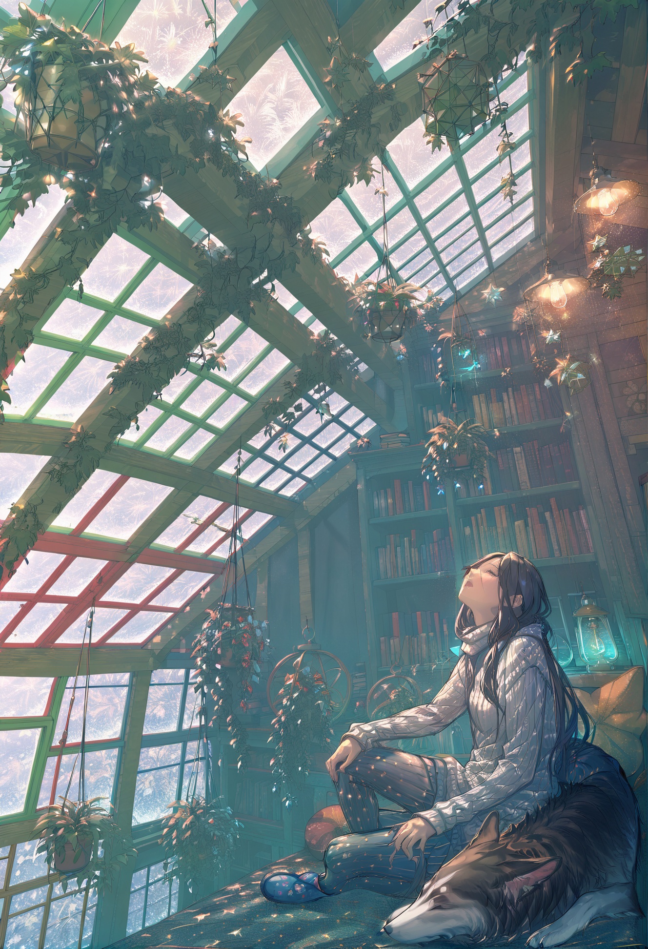 masterpiece, best quality,1girl,   sweater, plant, long hair, sitting, indoors, solo, window, scenery, potted plant, closed eyes, bookshelf, dog, hand on own knee, animal, black hair, book, pants, hanging plant, long sleeves, lamp, book stack, sleeves pushed up, swept bangs, sleeping, desk lamp, chair, flower pot, hanging light, open mouth, slippers, wooden floor <lora:YuuXLlokr8f-000186:0.95>