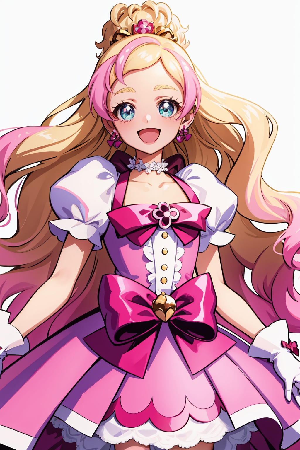 masterpiece,best quality, highly detailed, cure flora,1girl,solo,magical girl,white gloves,waist bow,flower earrings,pink skirt,pink bow,choker,puffy sleeves,looking at viewer,open mouth,:d<lora:cure_flora:1>,simple background,white background