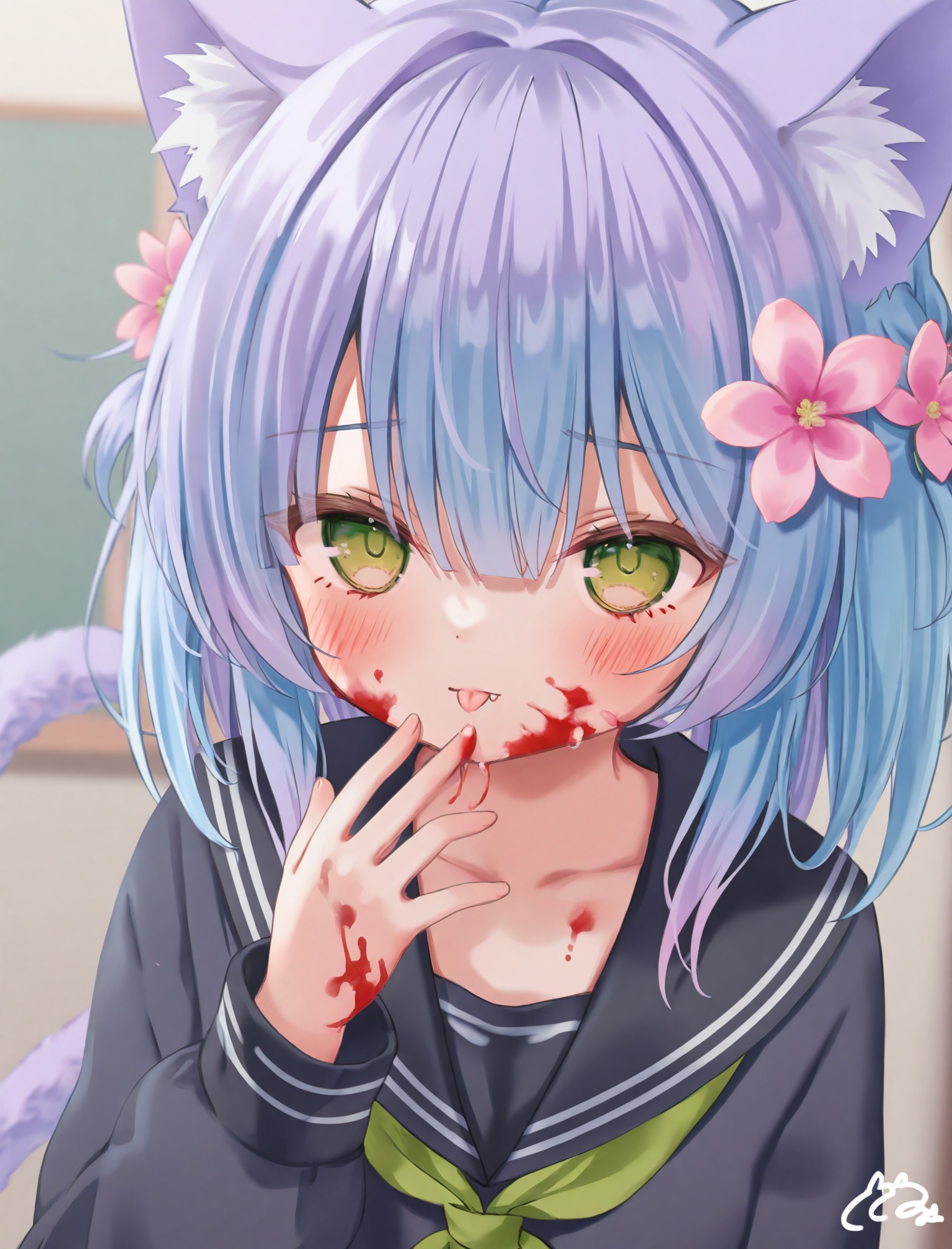 masterpiece,absurdres,best quality,loli,petite,high quality,//,1girl,animal_ears,tail,cat_ears,solo,cat_tail,cat_girl,animal_ear_fluff,sailor_collar,long_sleeves,black_sailor_collar,tongue_out,blood_on_face,school_uniform,upper_body,tail_raised,tongue,green_eyes,serafuku,hair_ornament,closed_mouth,blood,neckerchief,signature,hand_up,fang,blush,depth_of_field,blurry,licking,shirt,flower,purple_hair,blue_hair,fang_out,green_neckerchief,hair_between_eyes,pink_flower,hair_flower,//,//,<lora:nuhutya——【CKXL】hans:1>,