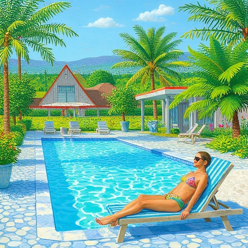 Generate an image of a serene poolside scene in the style of David Hockney. The composition should include a clear blue sw...