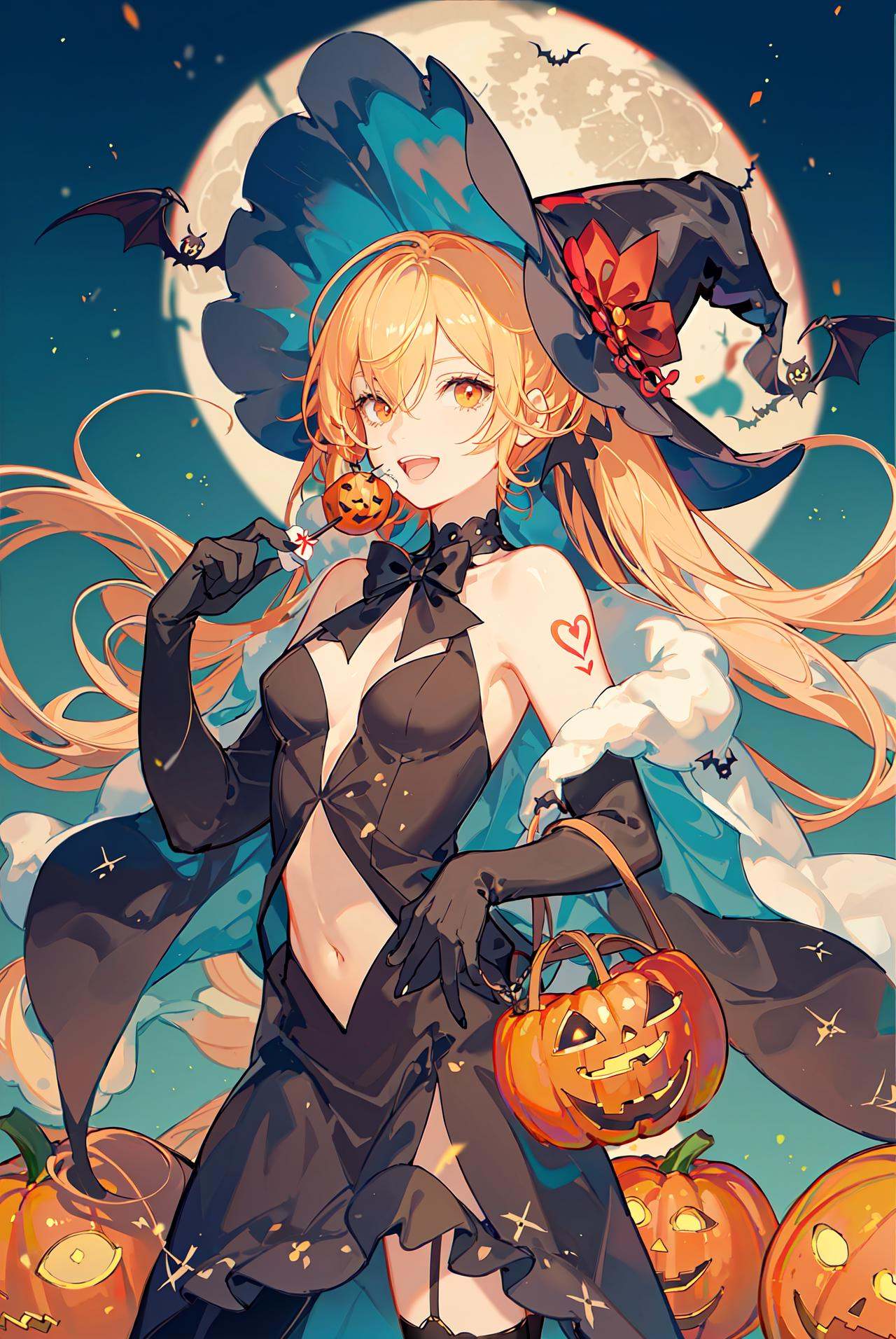bat, candy, halloween, halloween_bucket, halloween_costume, happy_halloween, jack-o'-lantern, pumpkin, pumpkin_hair_ornament, pumpkin_hat, tattoo, trick_or_treat, witch_hat, body_writing, pubic_tattoo, tombstone, garter_straps,pasties, thighhighs, silk, ghost_costume, lollipop, spider_web, 1girl, vampire_costume, bat_hair_ornament, basketball, food-themed_hair_ornament, graveyard, long_hair, orange_ribbon, heart_tattoo, holding_vegetable, broom, swirl_lollipop, candy_cane, orange_choker, bat_wings, basket, breasts, solo, candle, food, orange_bow, open_mouth, bat_print, castle, orange_panties, black_legwear,vegetable, bow, shoulder_tattoo, orange_nails, gloves, twintails, spider_web_print, blonde_hair, very_long_hair, lantern, grave, charmander, orange_legwear, navel, bare_tree, smile, orange_bowtie, elbow_gloves, cookie, full_moon, cape, mini_witch_hat, bridal_gauntlets,(upper body:0.9)