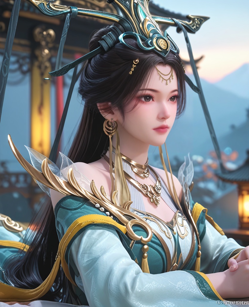 (oriental architecture, elegant decor, sophisticated style:1.1),(Lying down on stomach with head propped up on hands,:1.1),(breasts:1.2),<lora:XL师兄啊王母娘娘:0.95>,empress,aque dress paired with a green tight corset,black hair,long hair,hair bun,hair ornament,tassel earrings,jewelry,tassel,double cuffs,choker,bare shoulders,see-through decorative chiffon,black eyes,, score_9,score_8_up,score_7_up,score_6_up,score_5_up,score_4_up,3d rendering,tag1,tag2, Cinematic Lighting,backlighting,